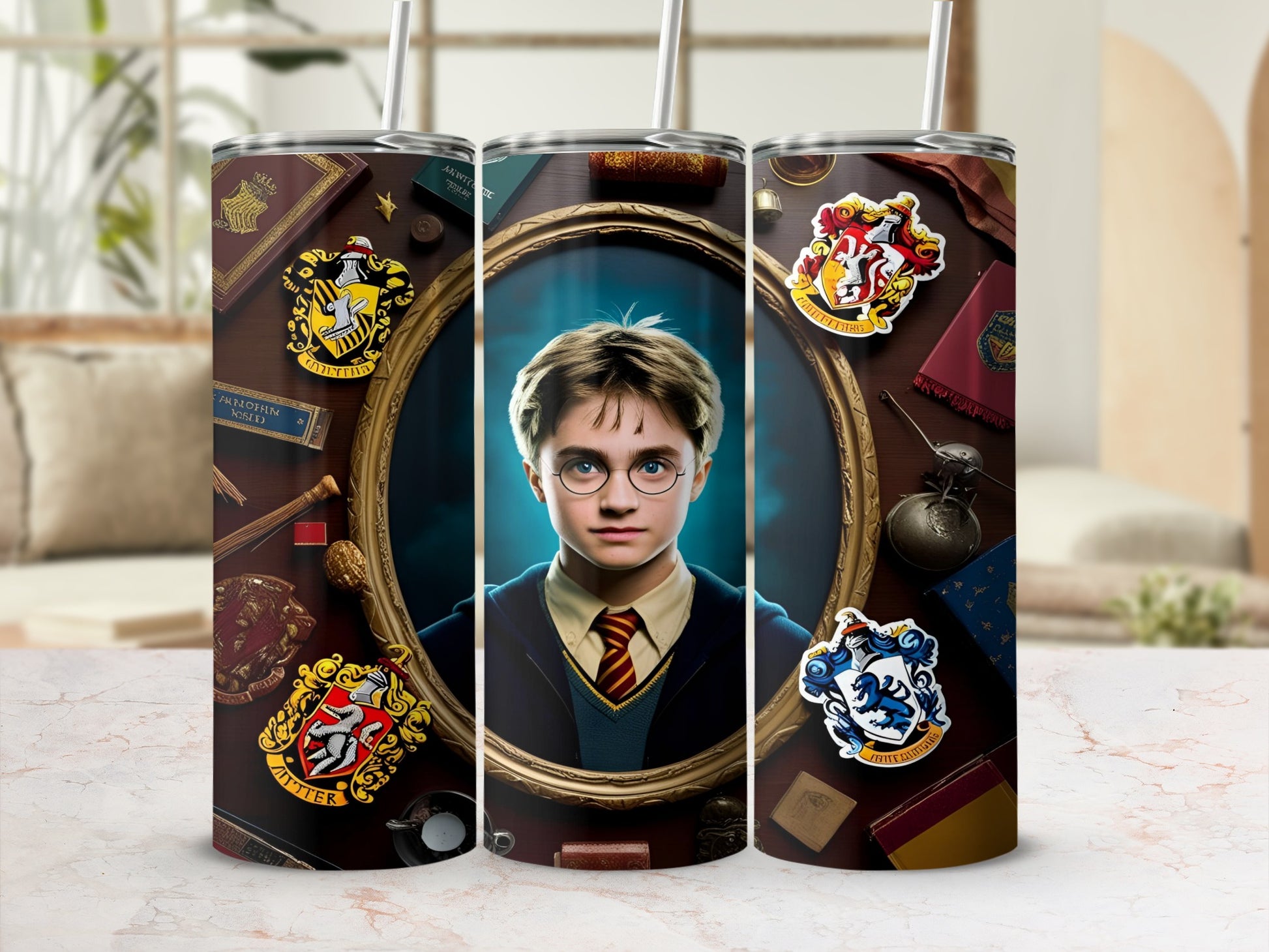 Harry Potter Hogwarts crests on a metallic tumbler with straw.