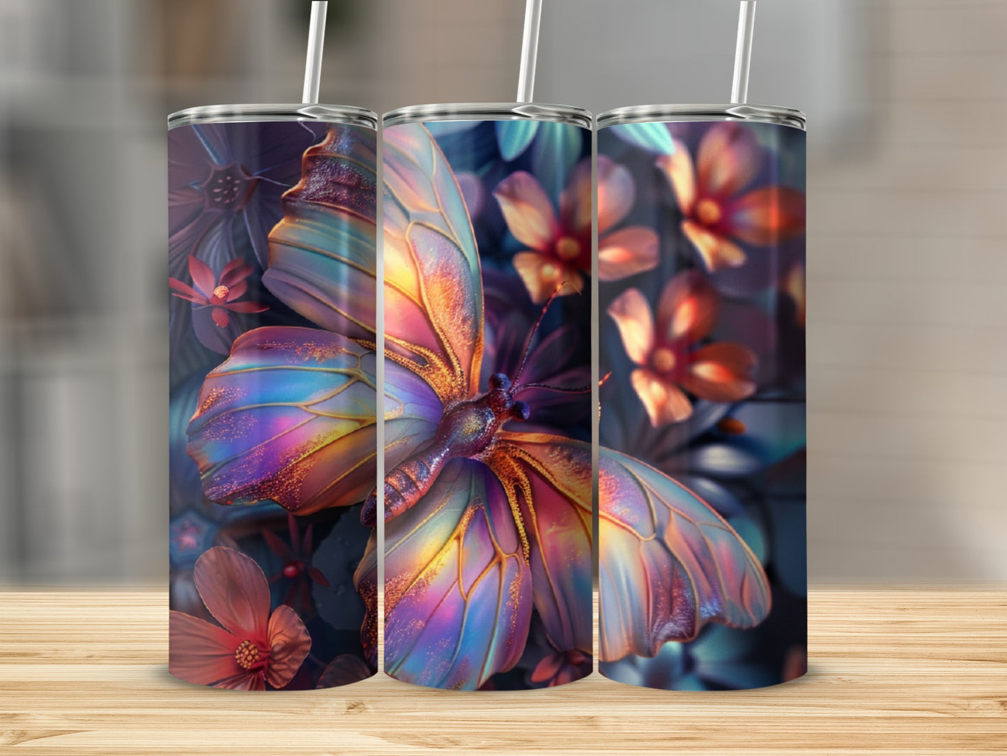 Three tumblers featuring a iridescent butterfly and floral design.