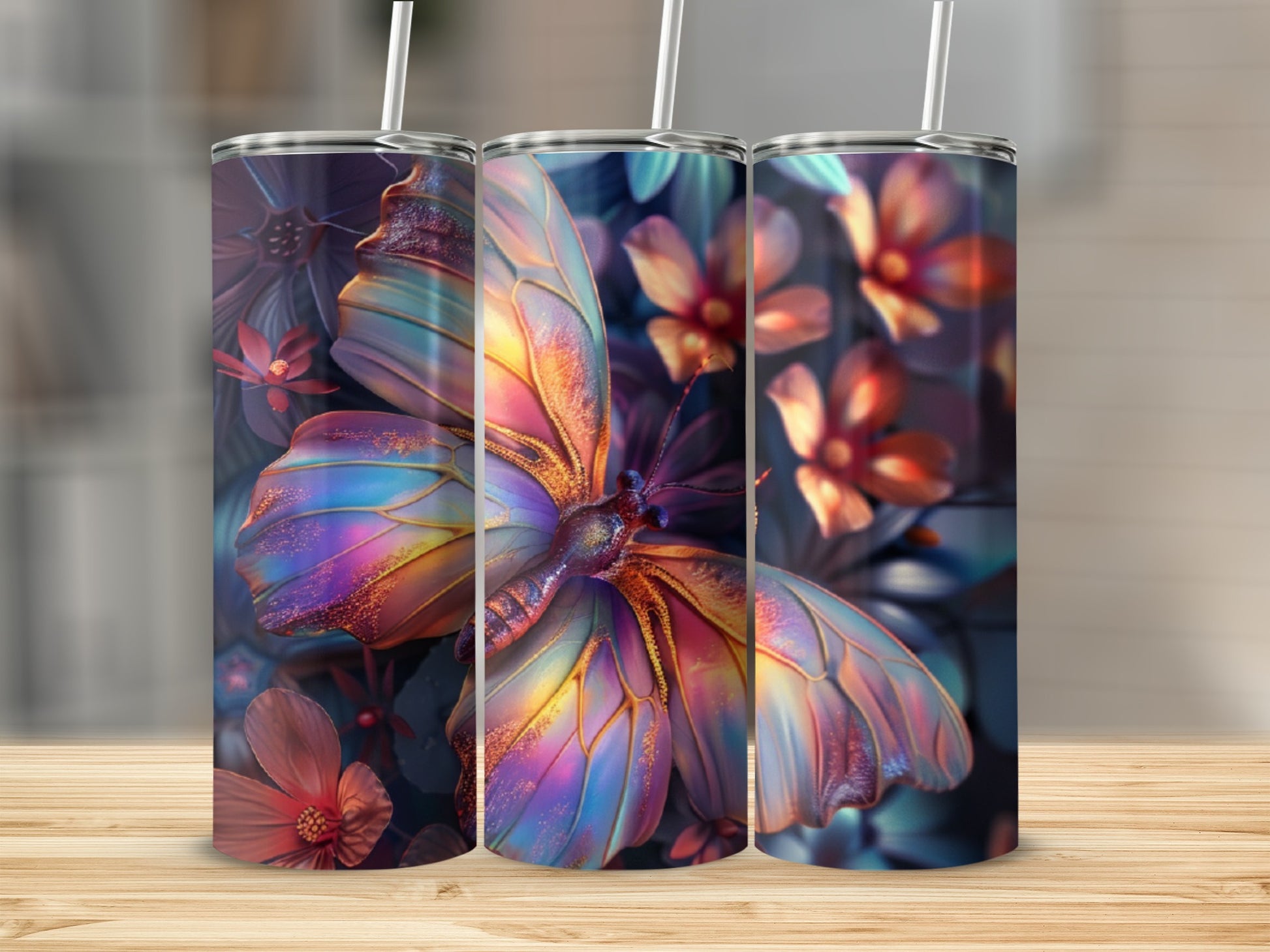 Three tumblers featuring a iridescent butterfly and floral design.