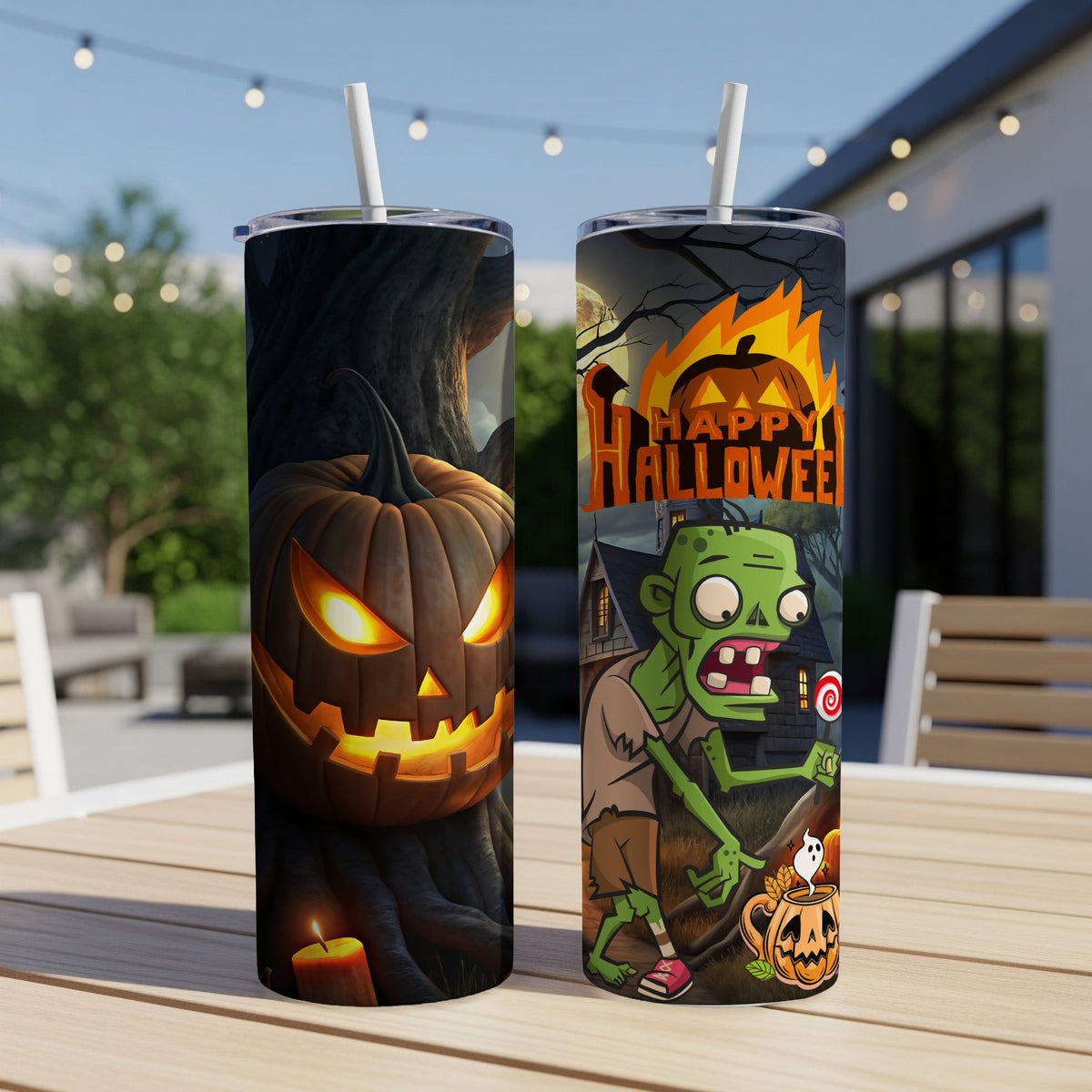 Two Halloween tumblers, one with a jack-o'-lantern, the other with a zombie.