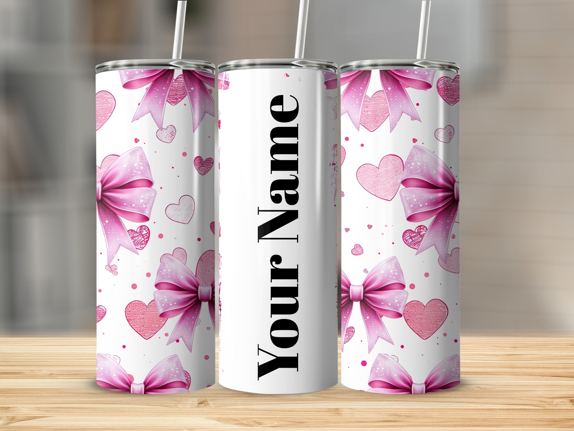 Customizable Pink Hearts and Bows Design Tumbler