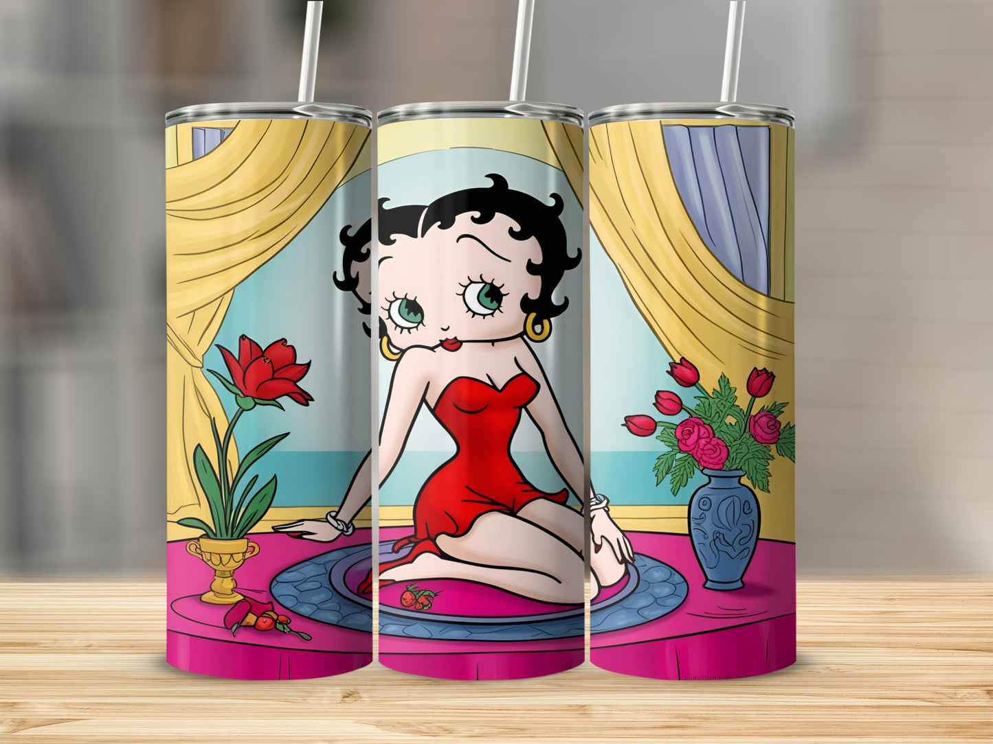 Betty Boop in red dress with roses and strawberries on a table.