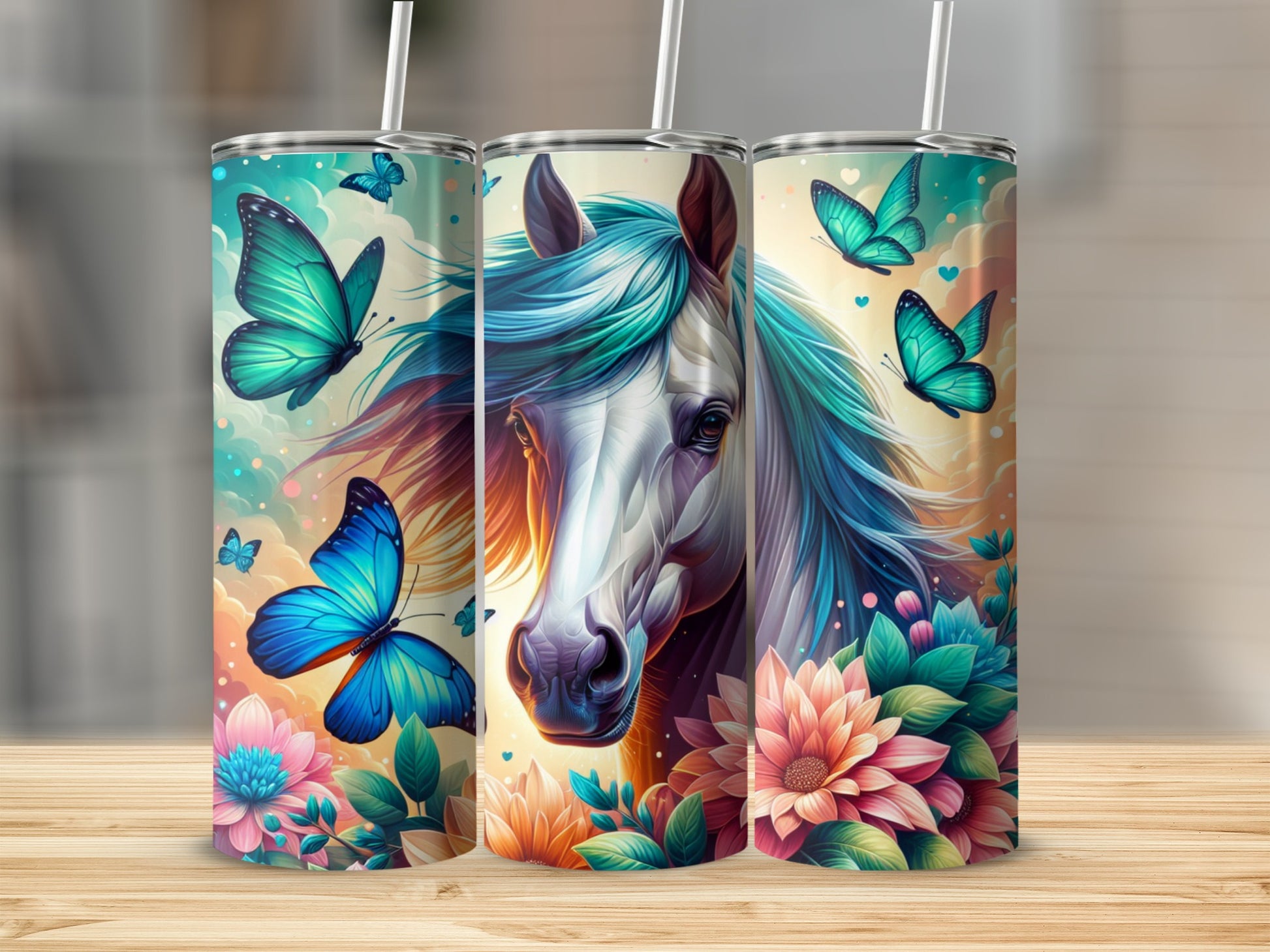 Teal tumbler with horse and colorful butterflies and flowers.