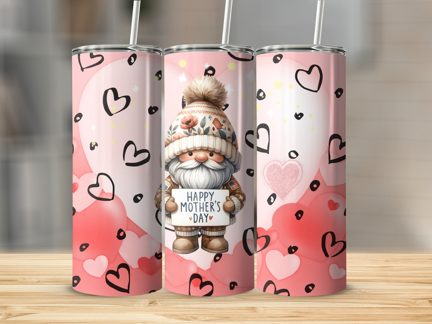 Happy Mother's Day Gnome Tumbler with Hearts Design