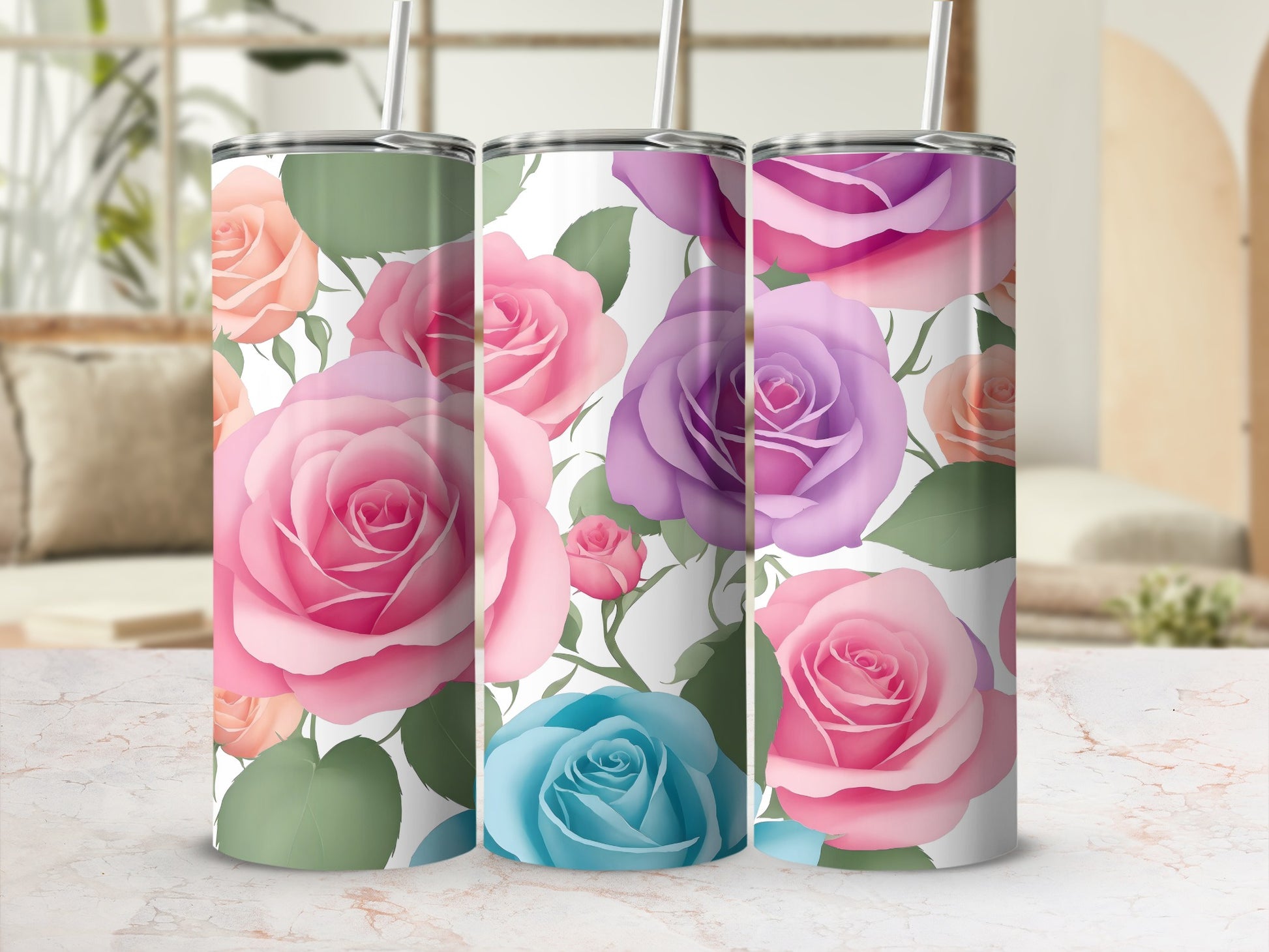 Multicolored roses floral design white background tumbler product type