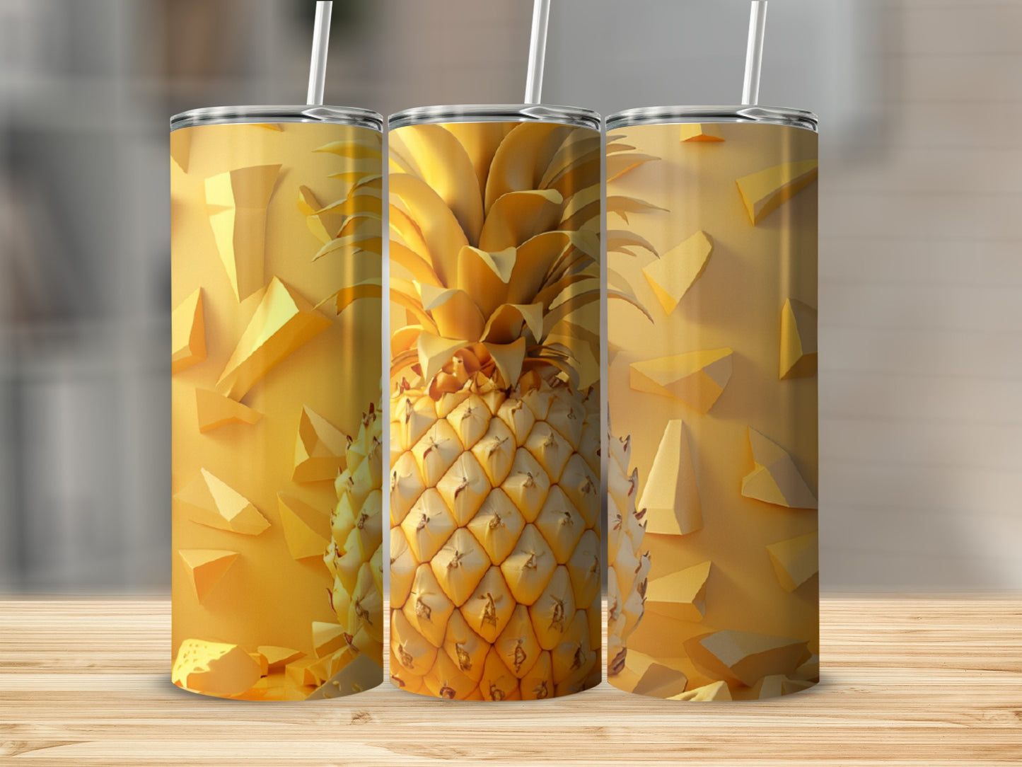 Gold pineapple pattern on a tumbler with geometric shapes.
