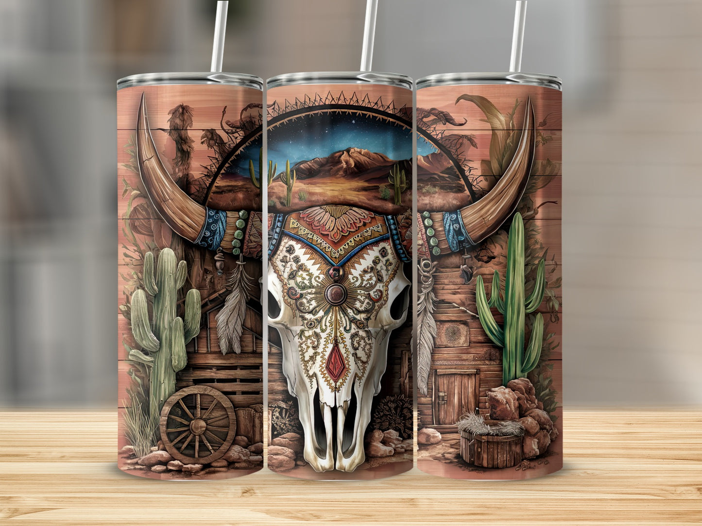 Western-themed tumbler featuring a bull skull, cacti, and desert landscape.
