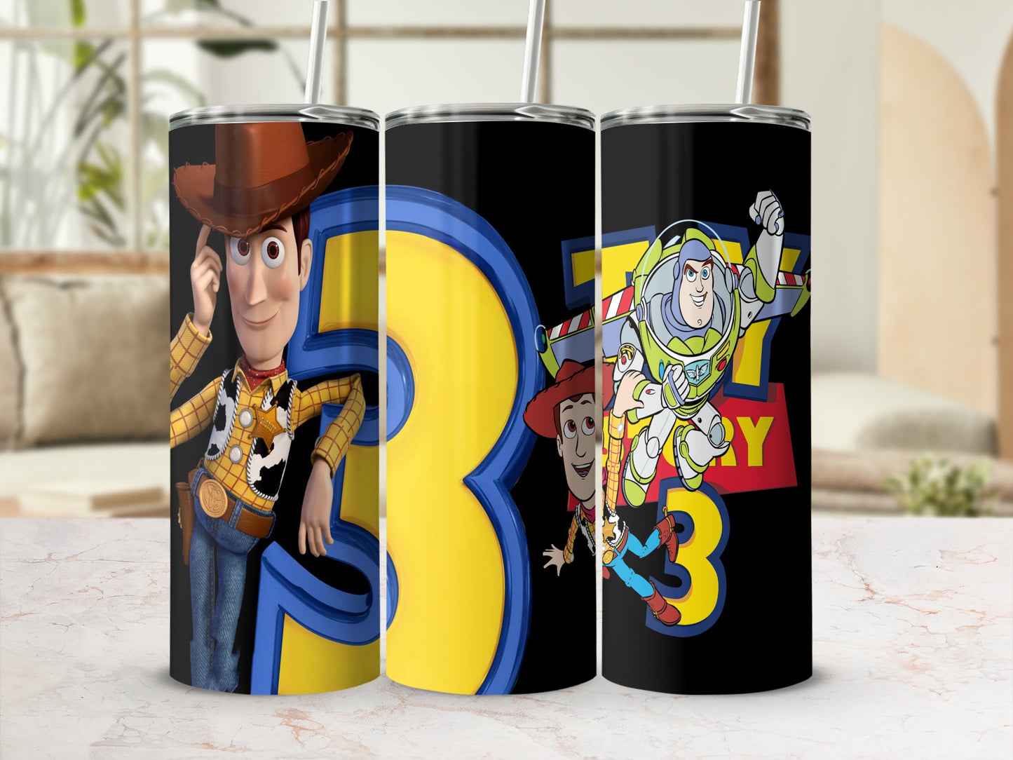 Toy Story characters Woody and Buzz Lightyear on a black tumbler with a large yellow "3".