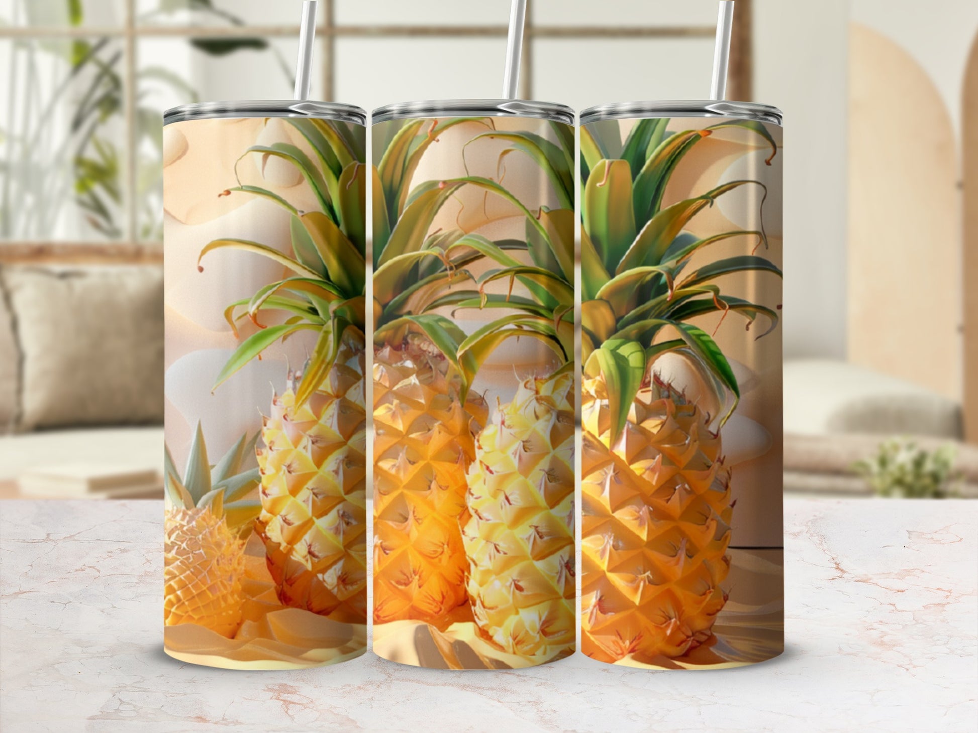 Three pineapples with textured skin and green leaves on a marble surface.