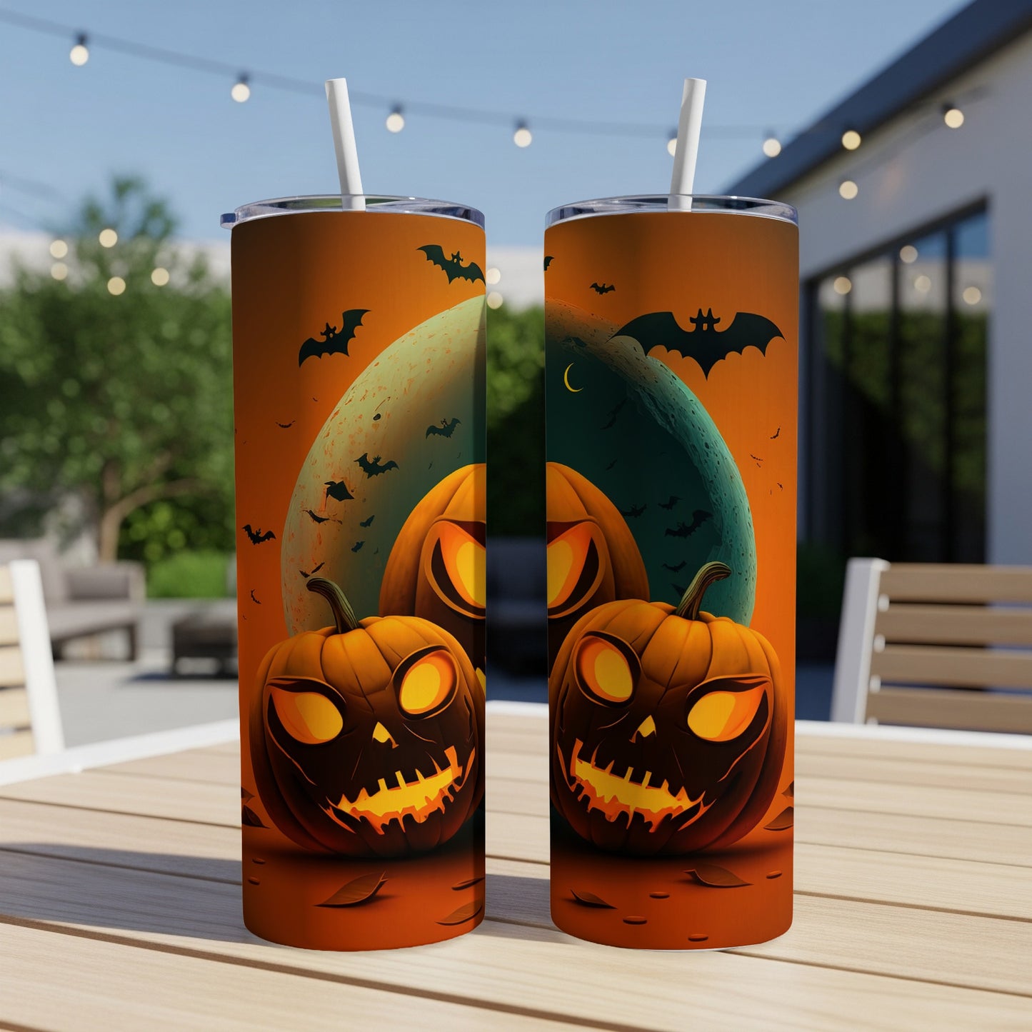 Two Halloween tumblers with spooky jack-o'-lantern faces and bats on an orange background.