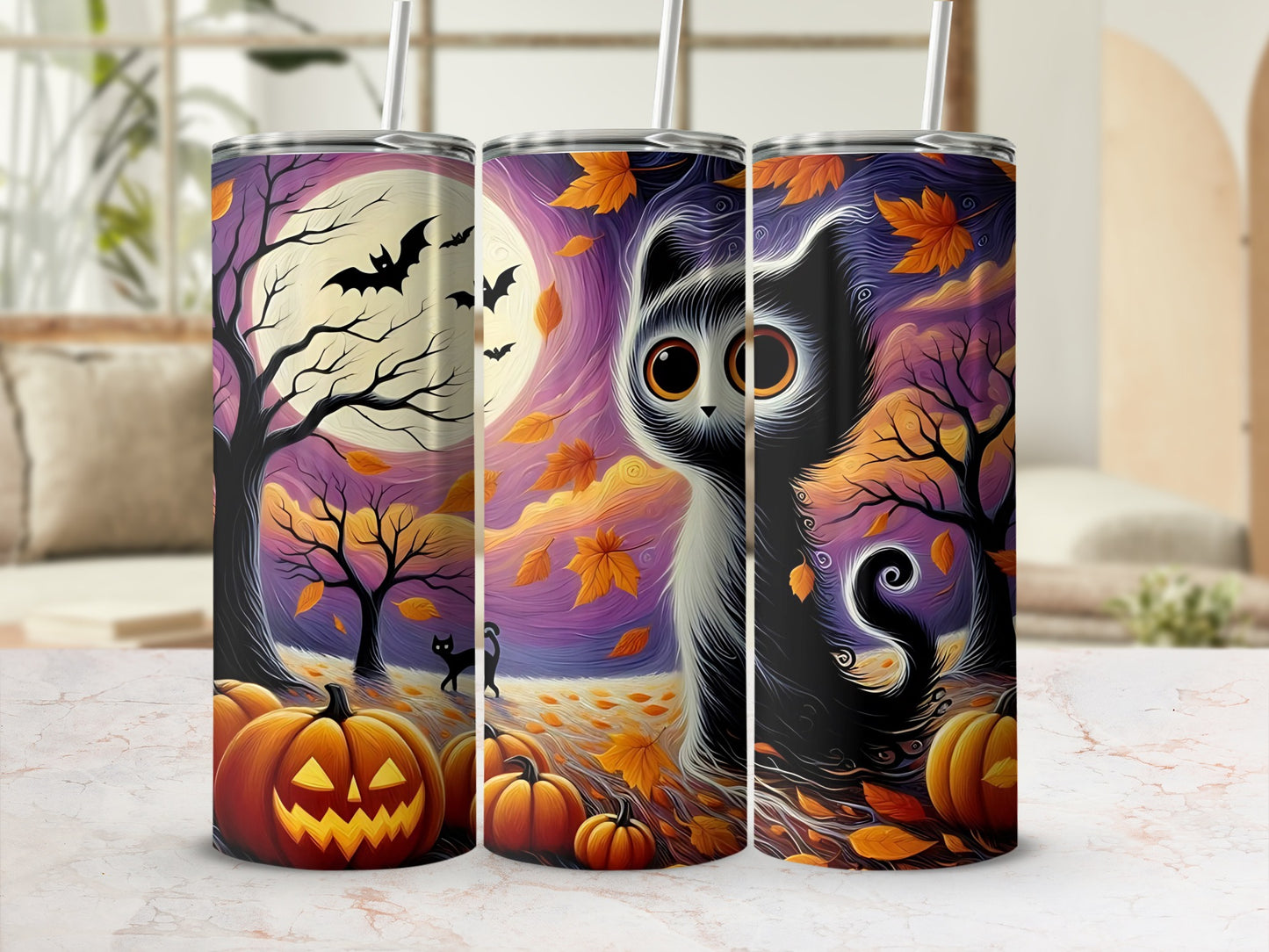 Three Halloween-themed tumblers featuring a black cat, bats, pumpkins, and autumn leaves.