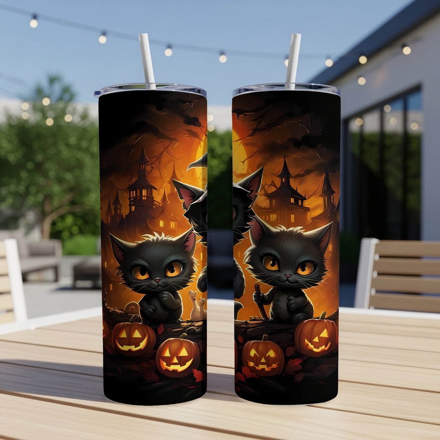 Halloween tumblers with black cats and pumpkins on a spooky background.