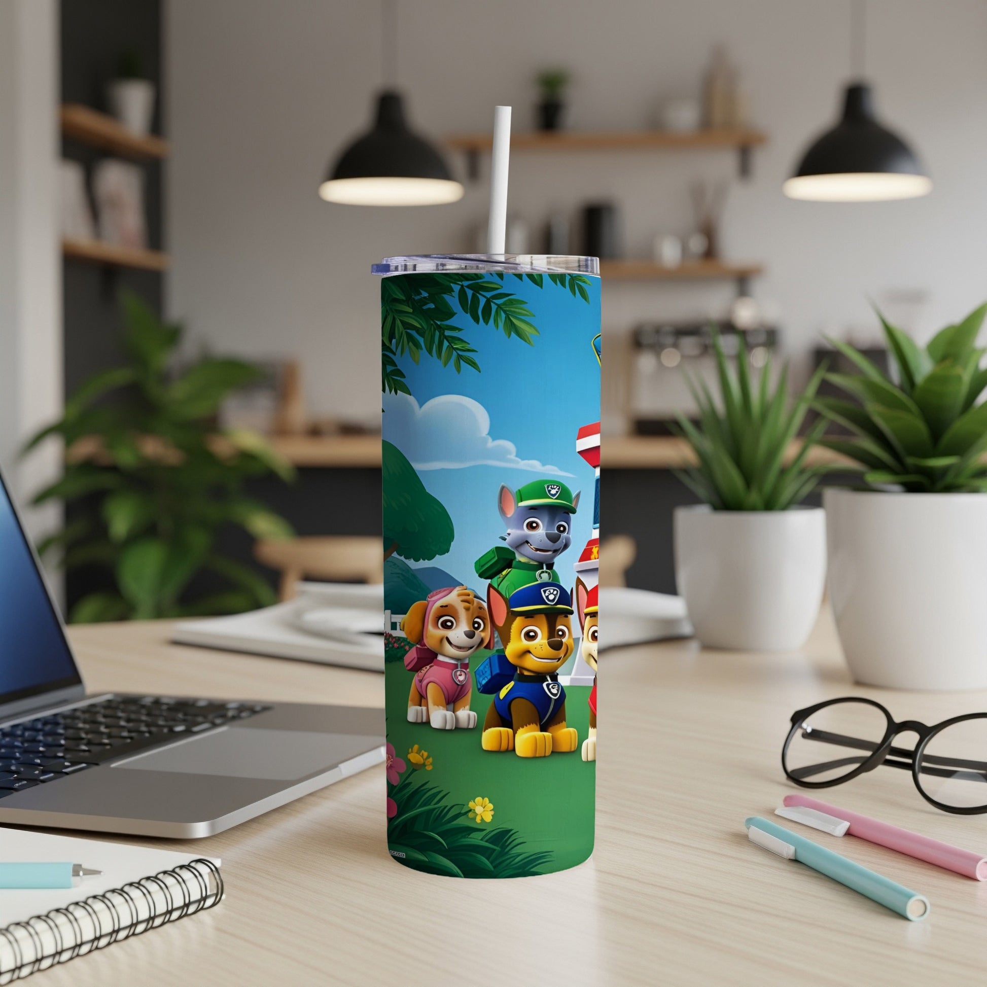 Paw Patrol characters on a blue background, on a white tumbler.