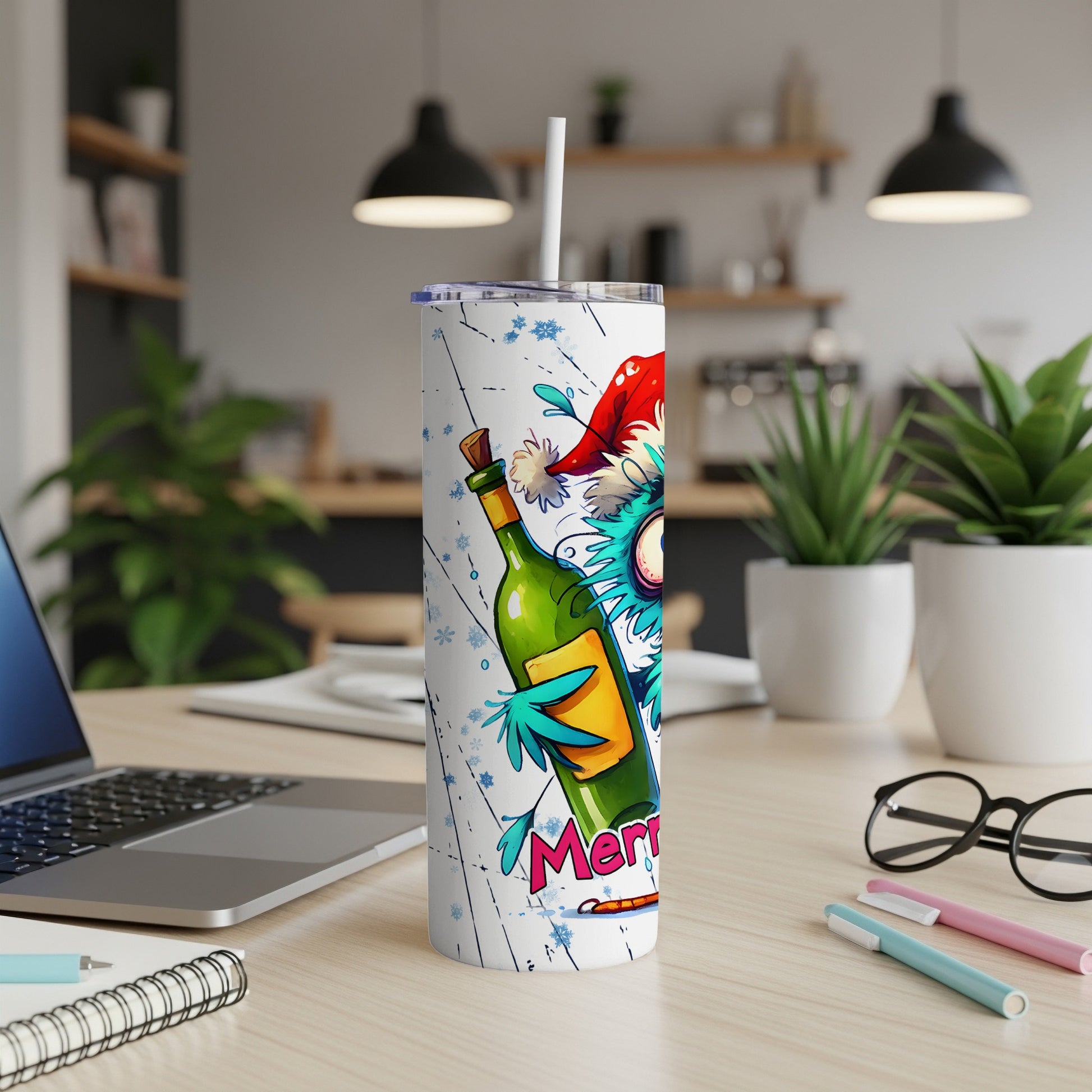 White tumbler with a cartoon owl wearing a Santa hat holding a wine bottle.