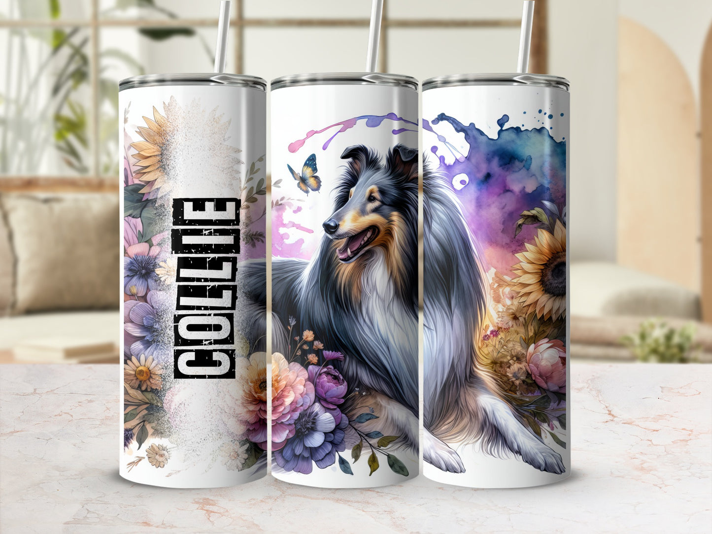 Collie dog with flowers and watercolor splashes on three tumblers.