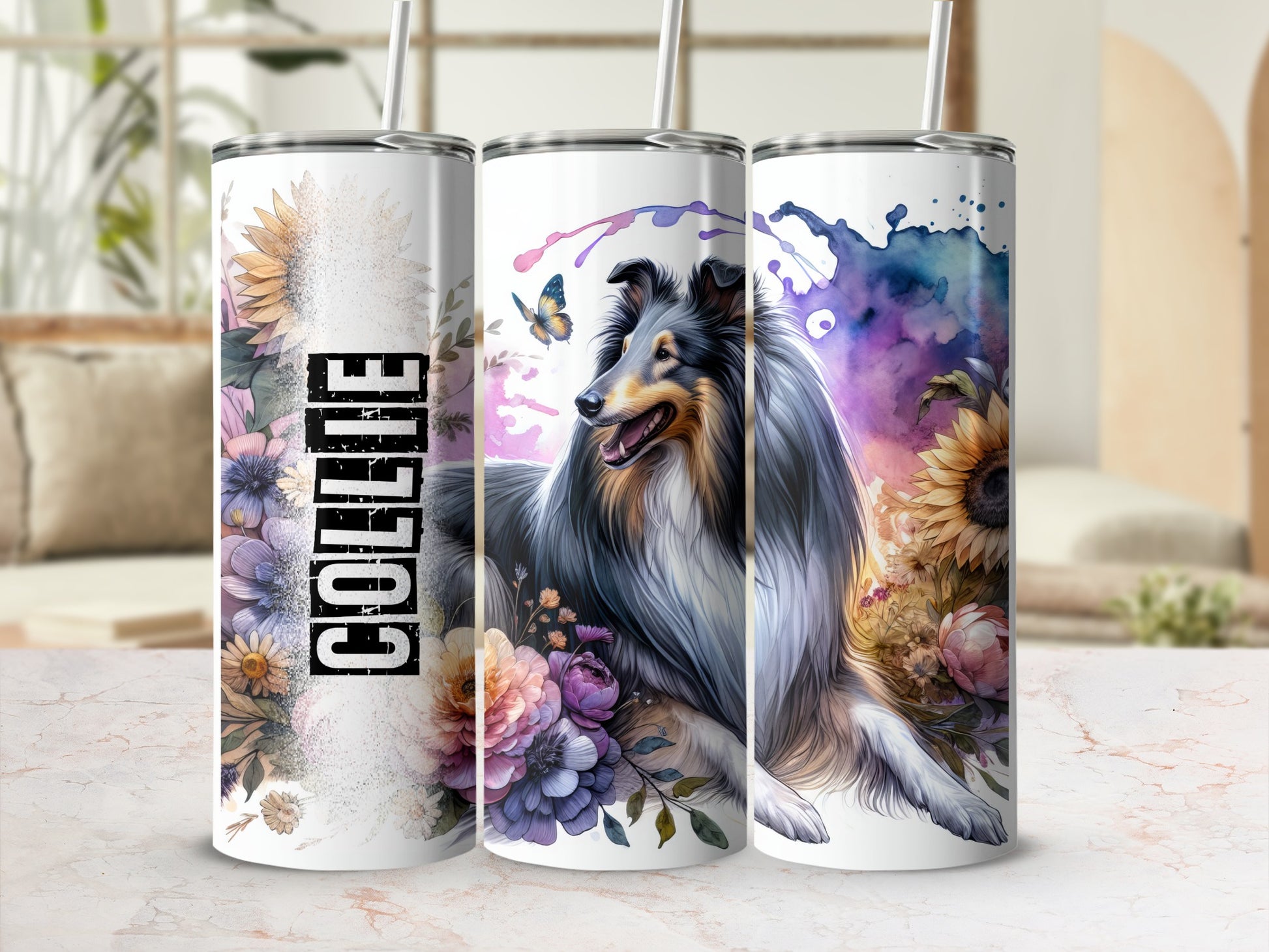 Collie dog with flowers and watercolor splashes on three tumblers.