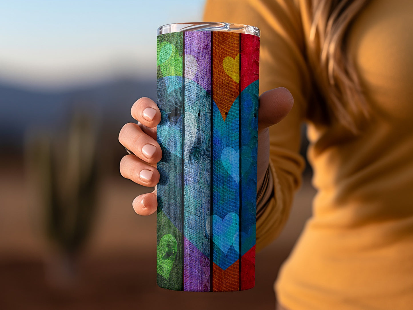 Colorful Wooden Heart Background Design for Valentines Day Tumblers