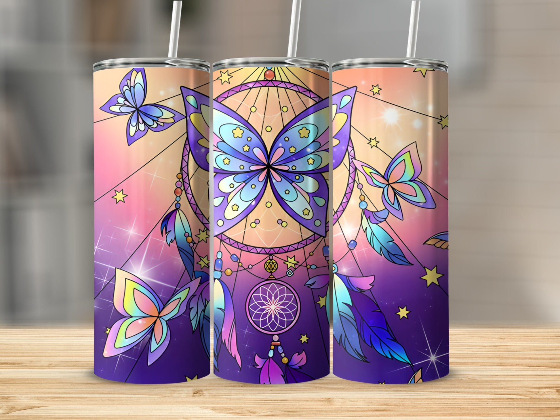 Three tumblers with butterfly and dreamcatcher designs, glowing stars, and purple to pink gradient.