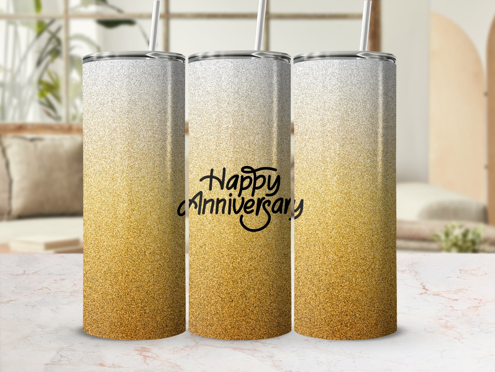 Glitter gradient tumbler with "Happy Anniversary" text.