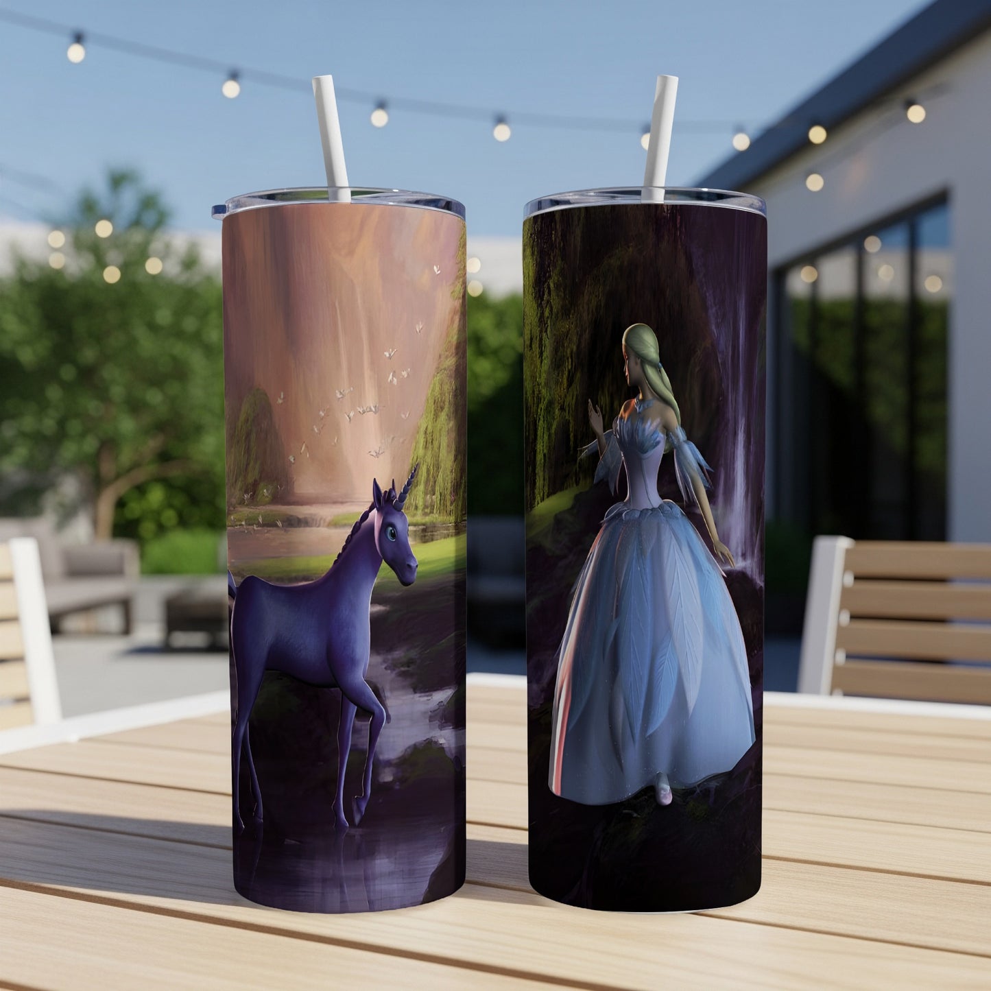 Two tumblers, one with a unicorn and waterfall, the other with a fairy.