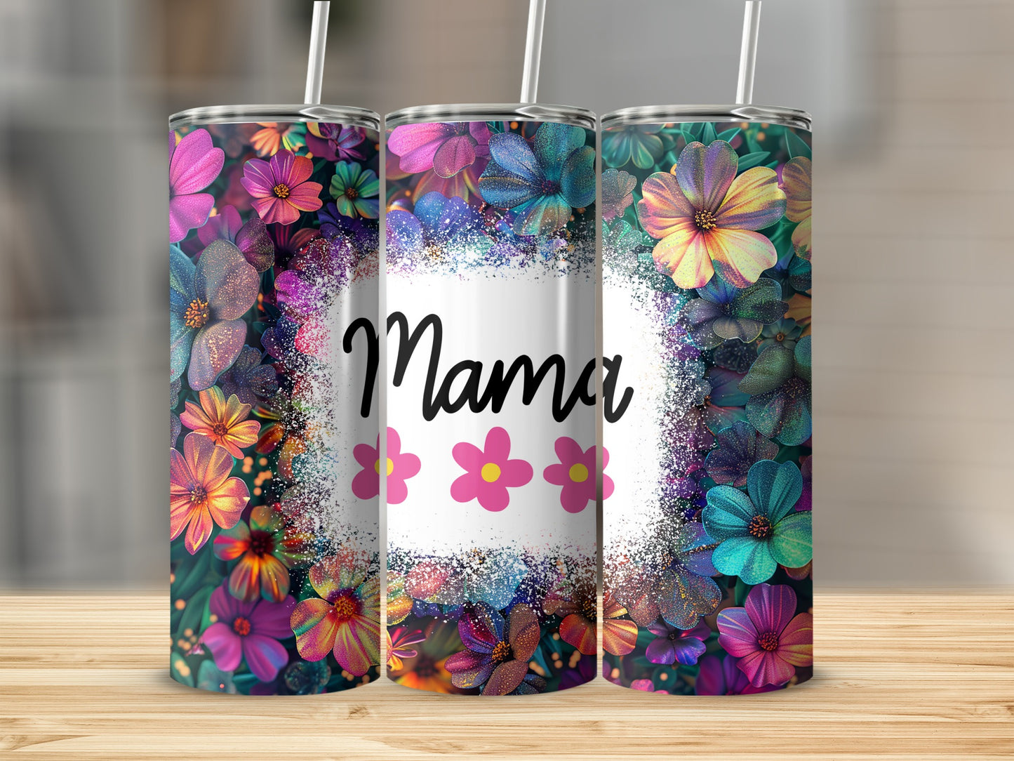 Colorful Floral Mama Designed Tumbler with Straw