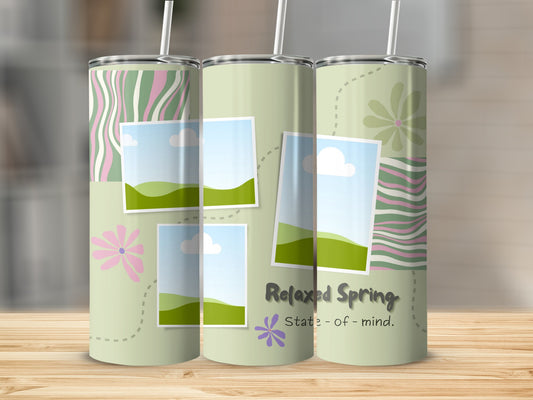 Three tumblers with abstract patterns, landscapes, and "Relaxed Spring State-of-mind" text.