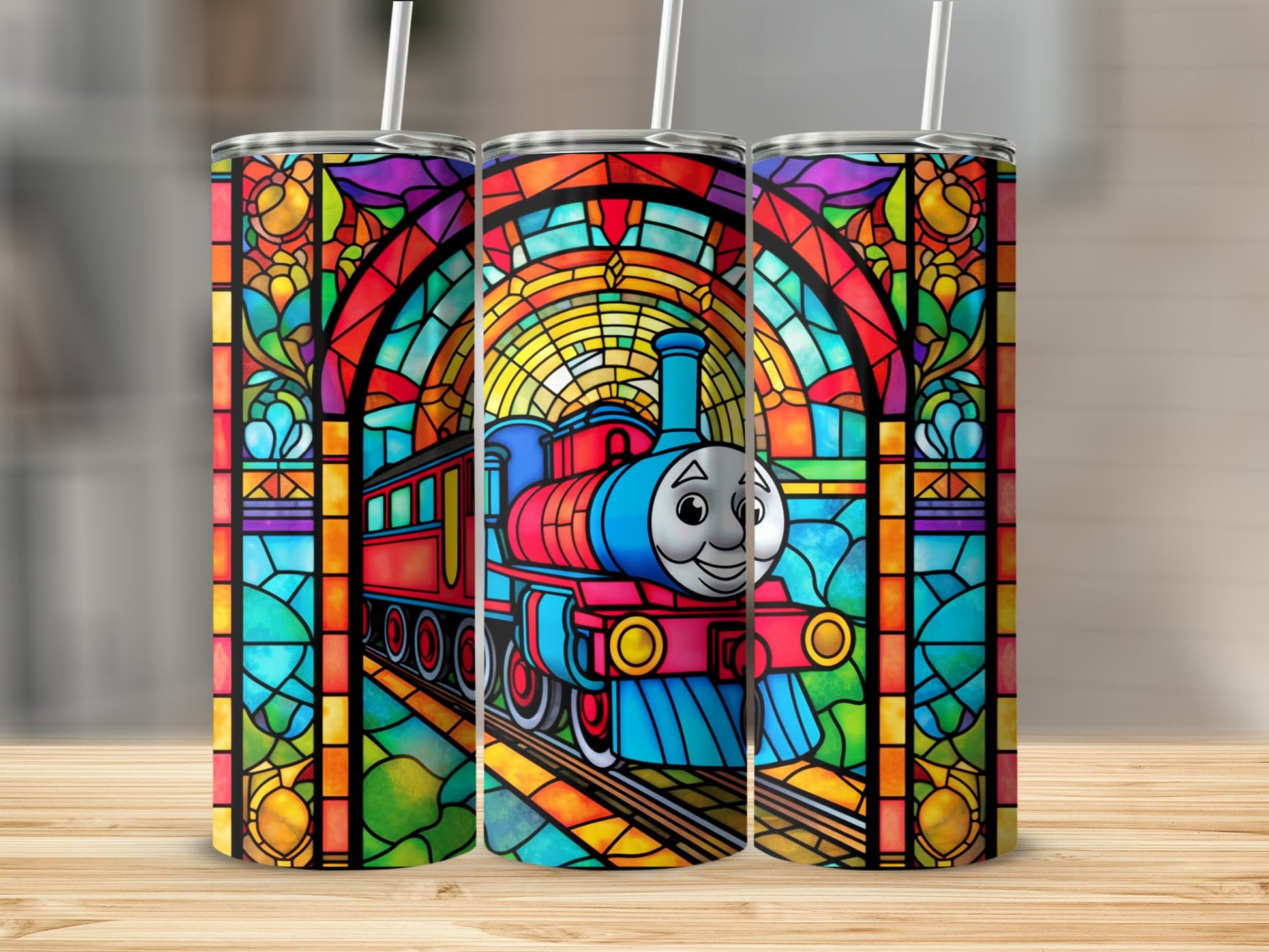 Colorful Stained Glass Train Design Tumbler Cup