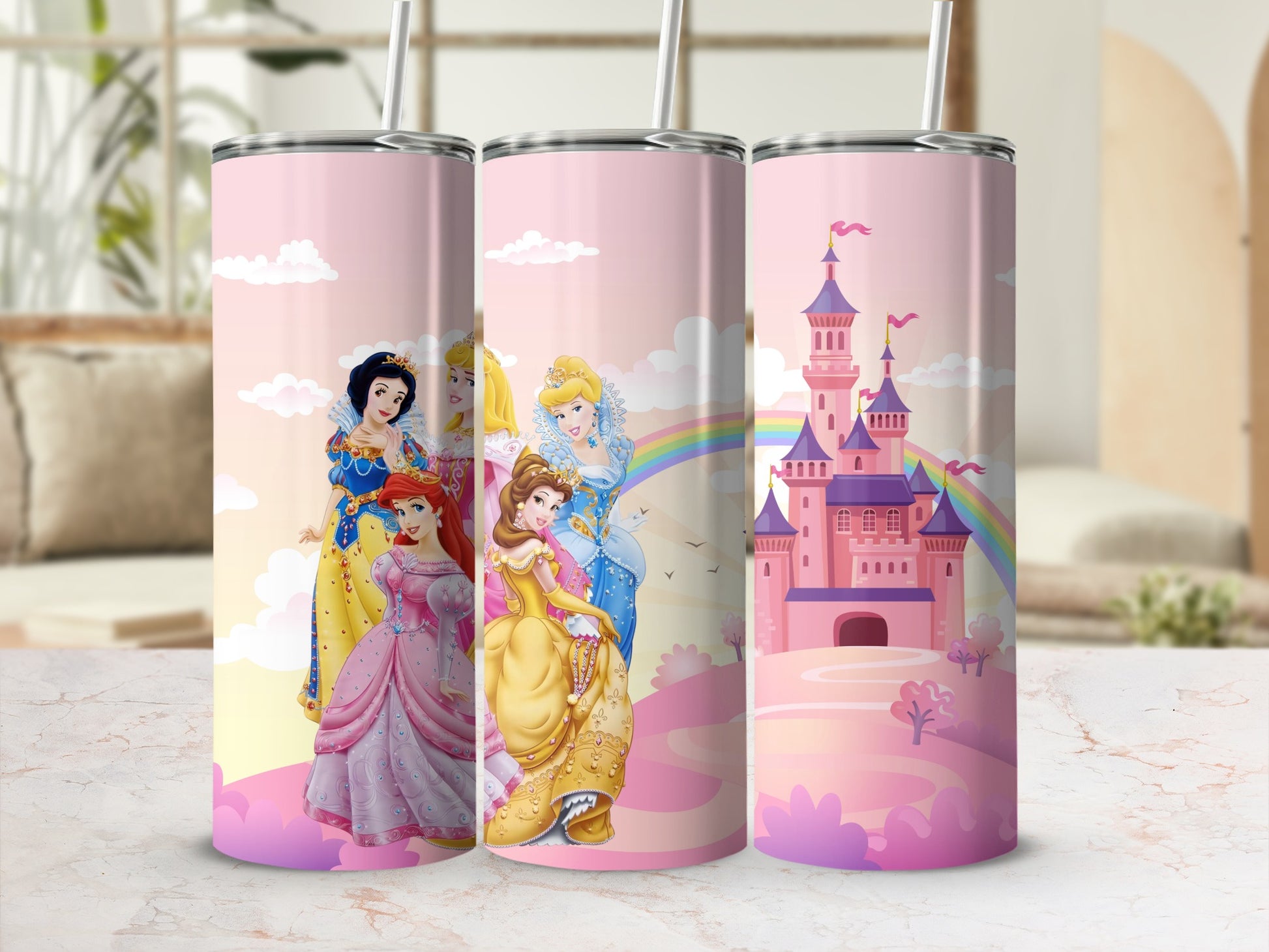 Princesses and Castle Design Tumbler Cup with Straw