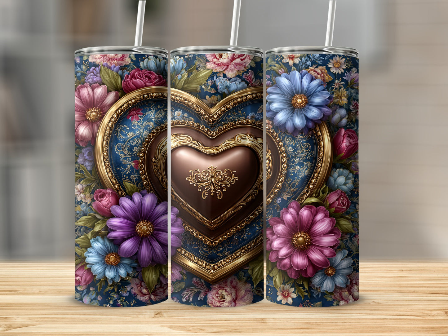 Intricate Heart and Floral Design Tumblers Beautiful Gift