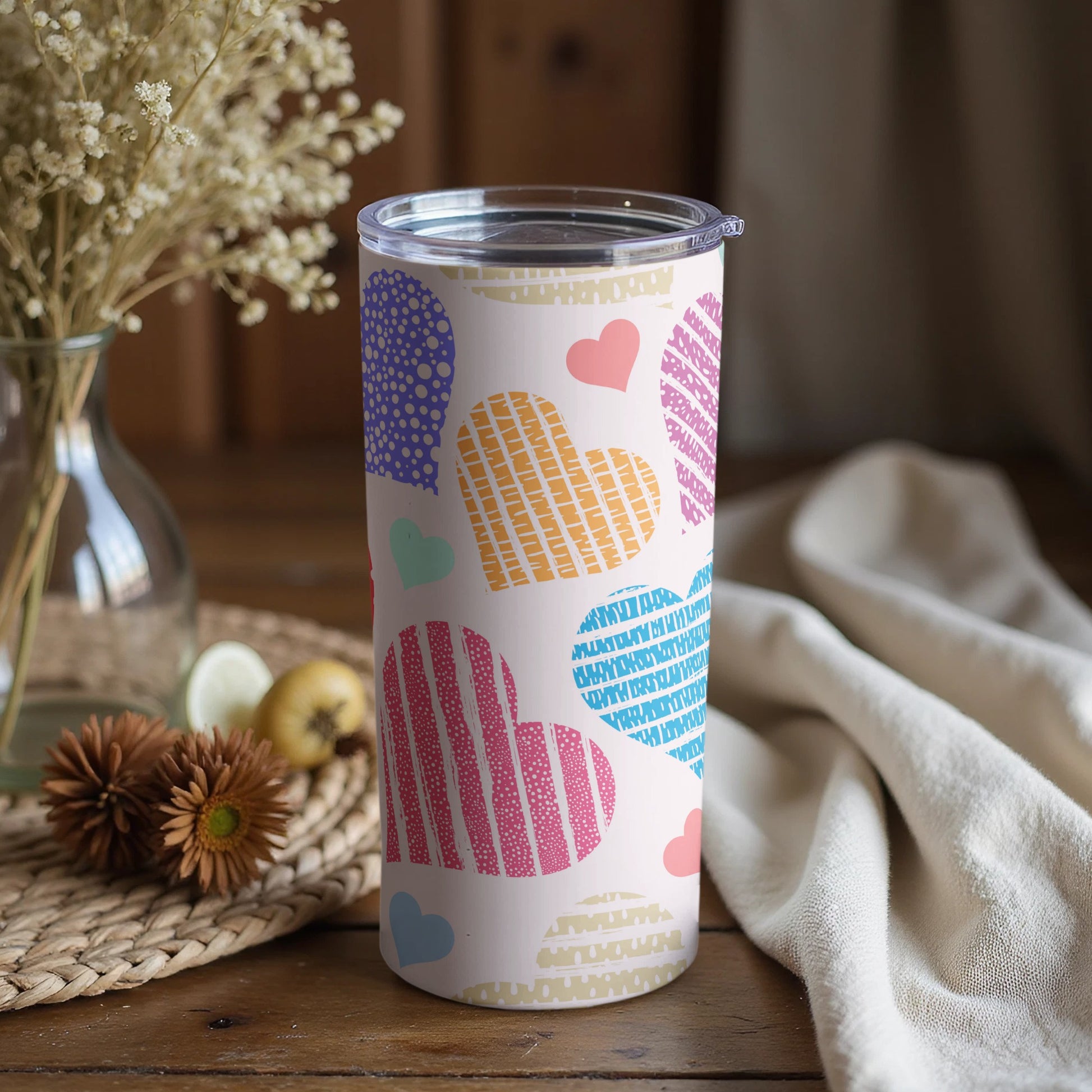Colorful Heart Pattern Travel Mug with Lid