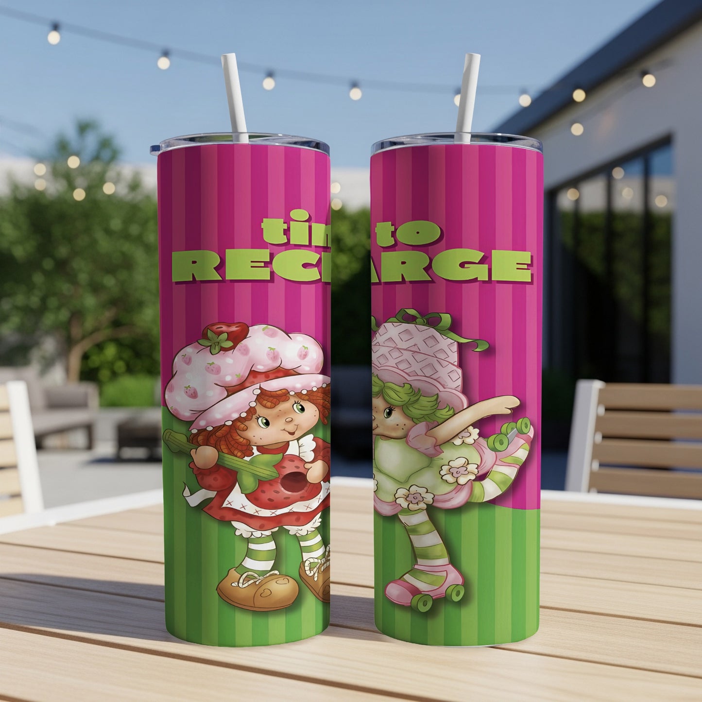 Strawberry Shortcake and Lime Skater on pink striped tumblers.