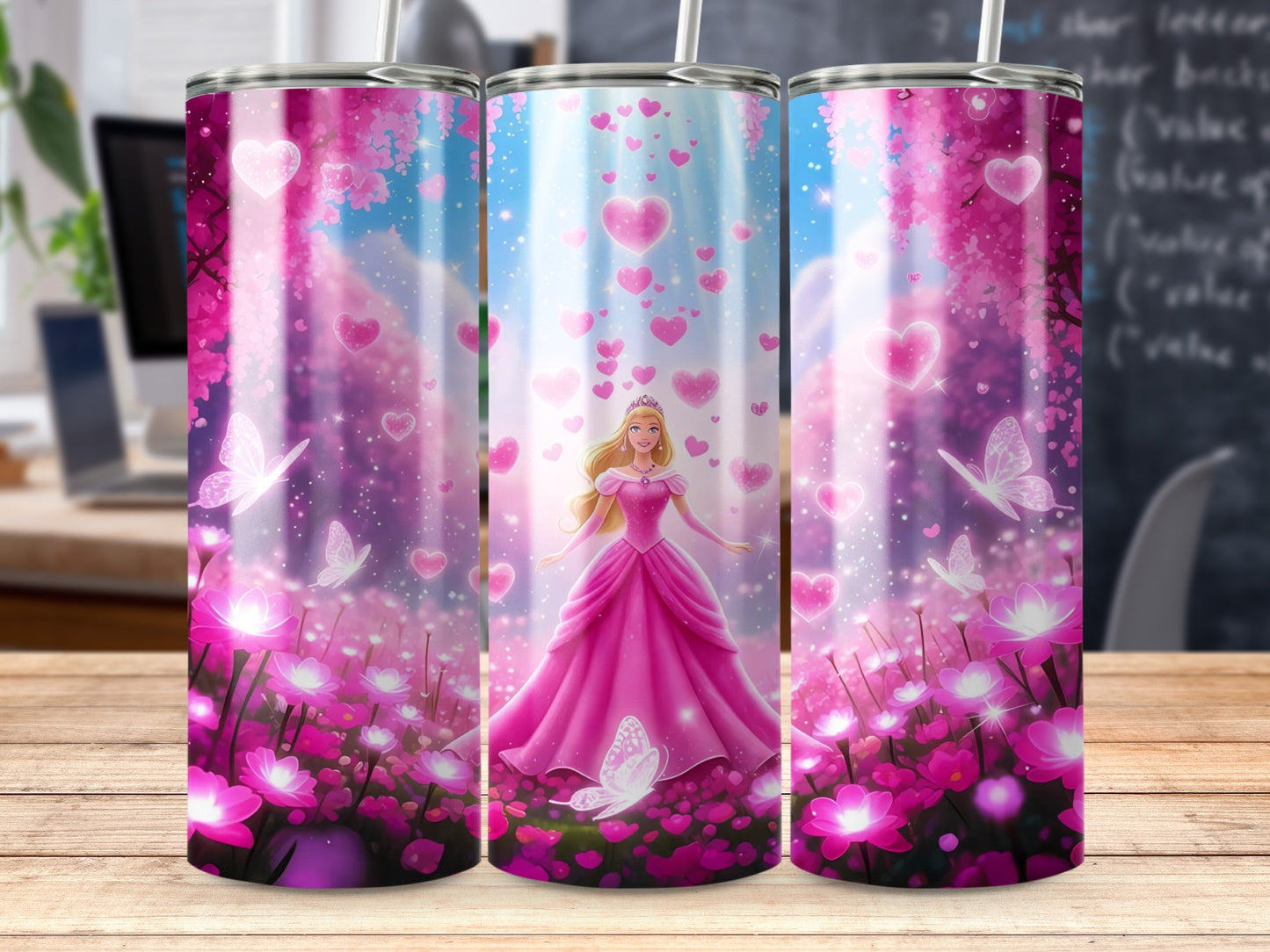 Barbie Surrounded Hearts Butterflies Pink Flowers Scene Tumblers