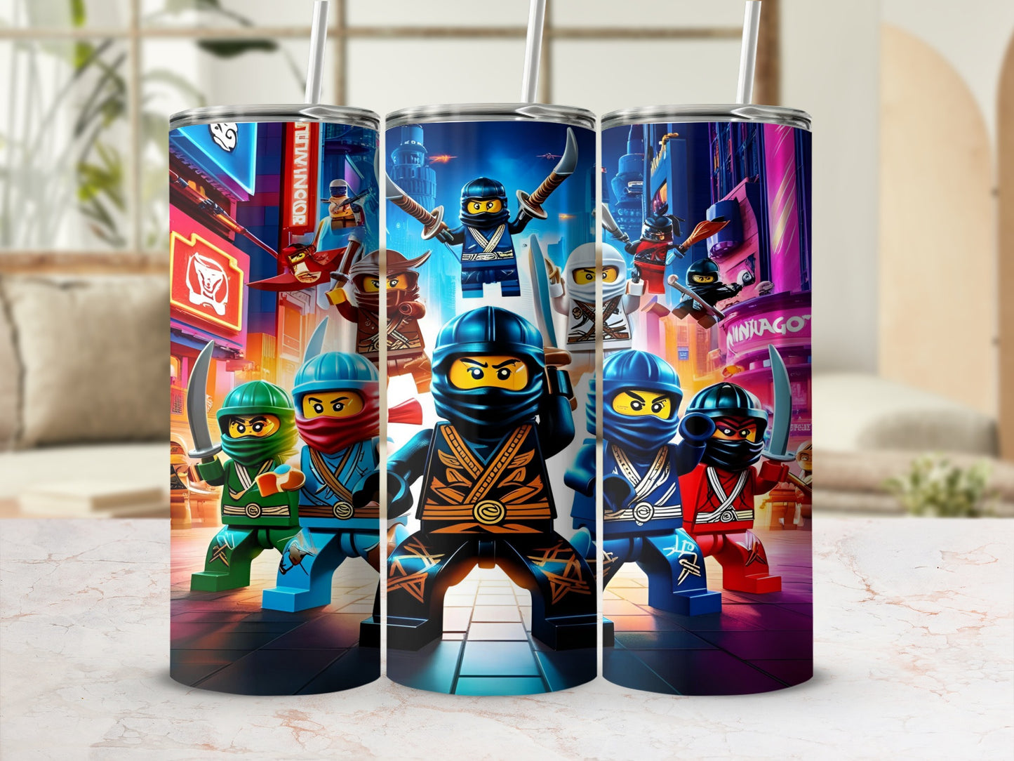 Three Ninjago tumblers with city backdrop and characters.