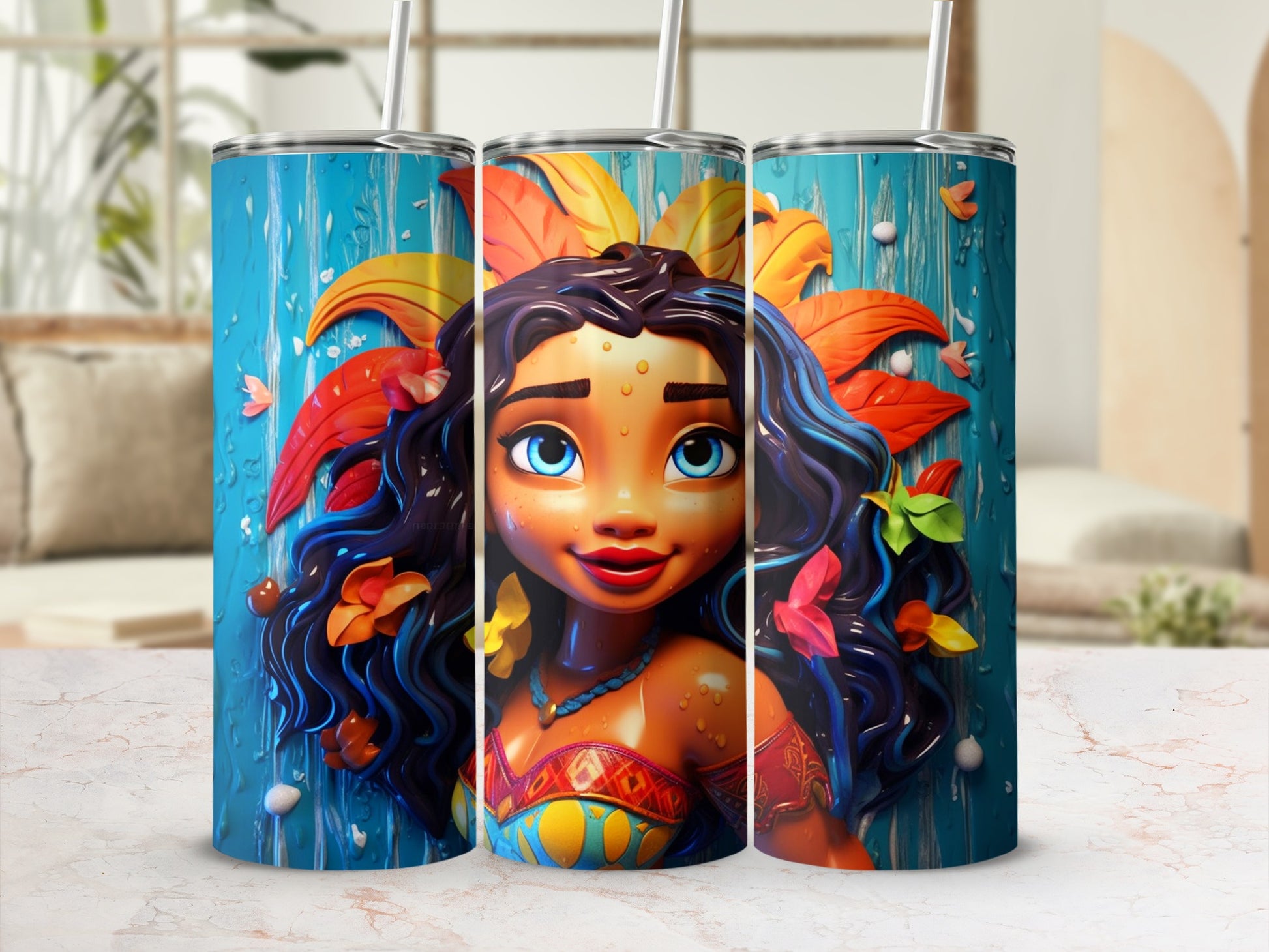 Vibrant Tropical Princess Design Tumbler with Straw