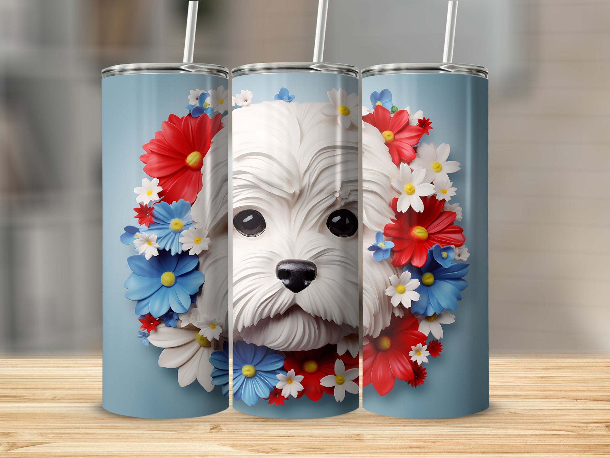 White dog with floral wreath on blue stainless steel tumblers.