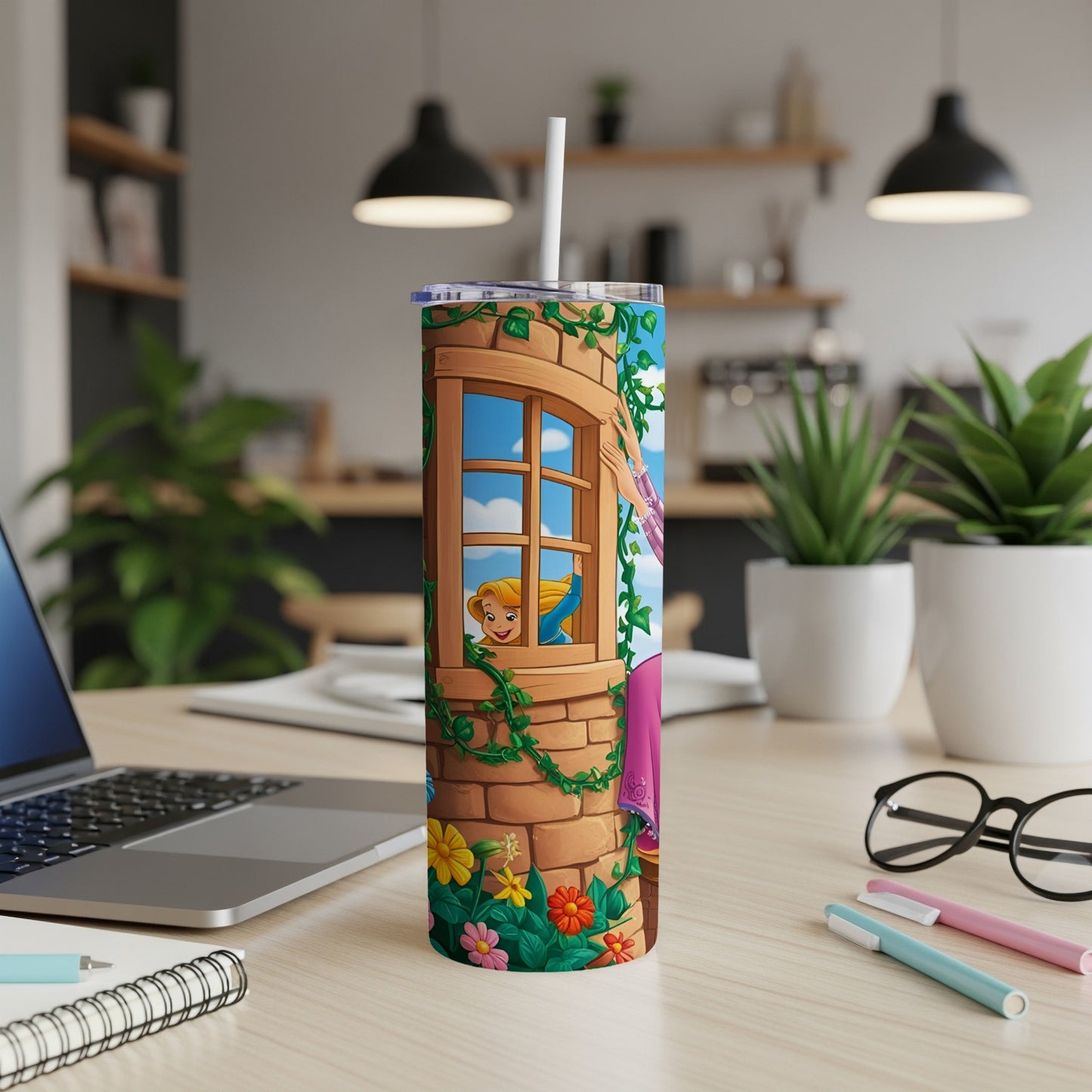 Tangled Rapunzel peeking from tower window on a floral tumbler.