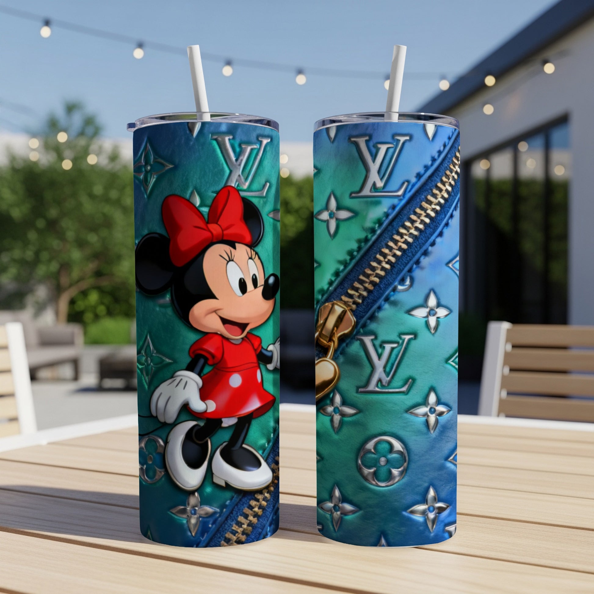 Minnie Mouse on a blue tumbler with LV-style pattern and zipper.