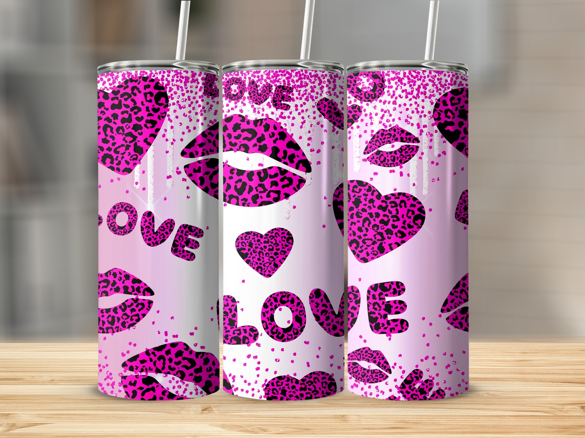 Pink Leopard Print Love and Lips Design Tumbler