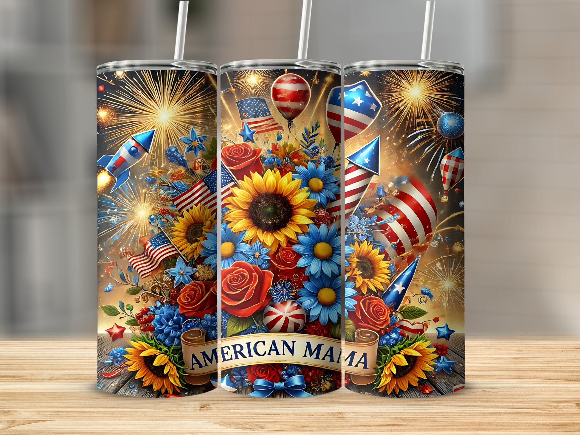 Tall tumbler with sunflowers, roses, fireworks, and "American Mama" text.