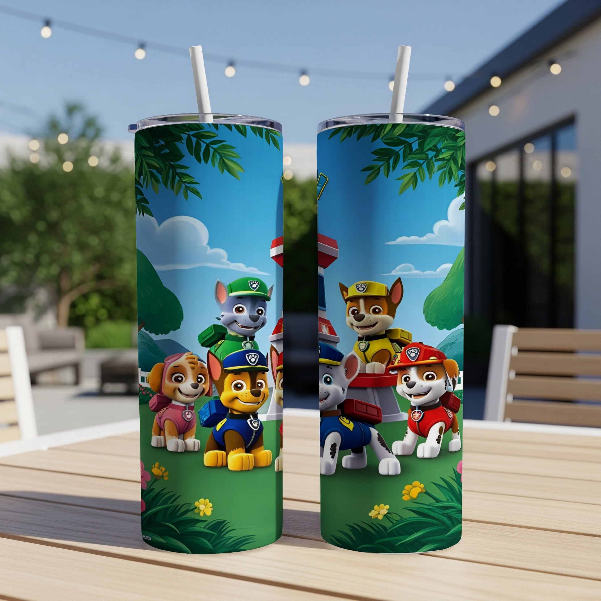 Two Paw Patrol character tumblers on a table with a backyard scene.