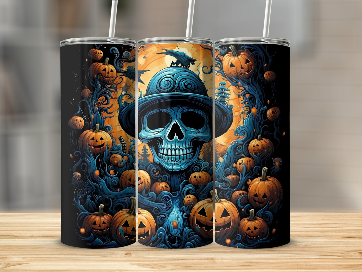 Halloween tumbler with a skull in a hat, surrounded by pumpkins and dark blue vines.