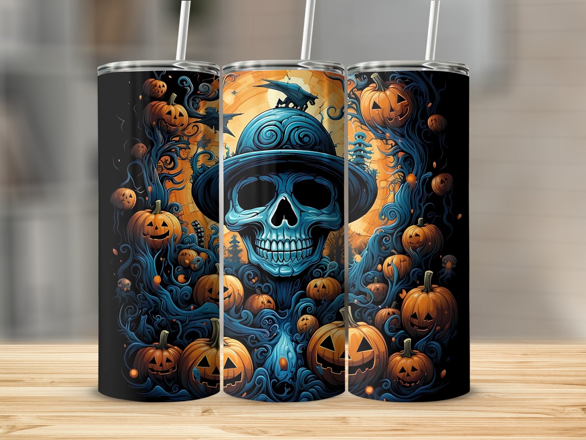 Halloween tumbler with a skull in a hat, surrounded by pumpkins and dark blue vines.
