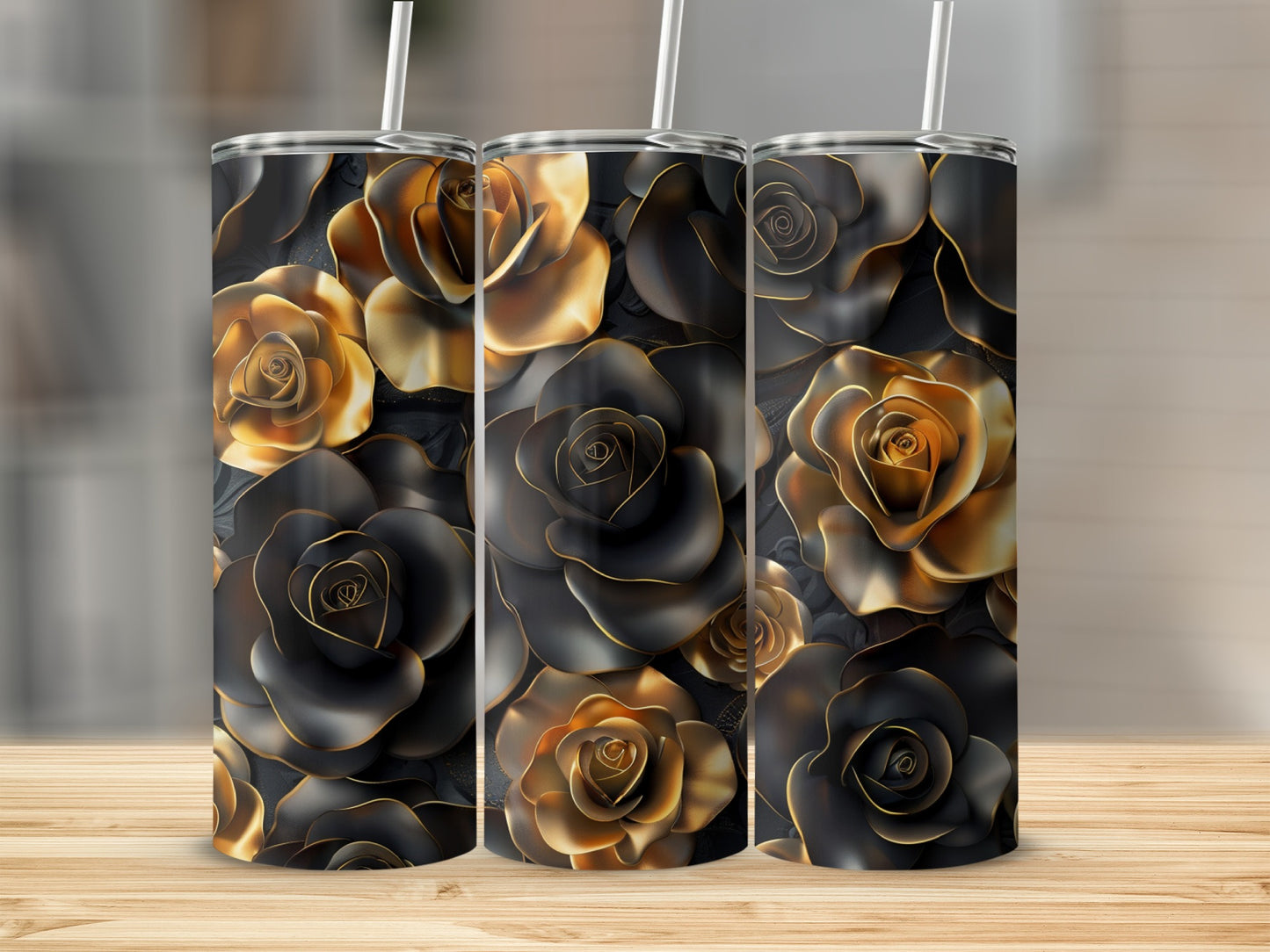 Three tumblers with a dark rose floral pattern in black and gold.