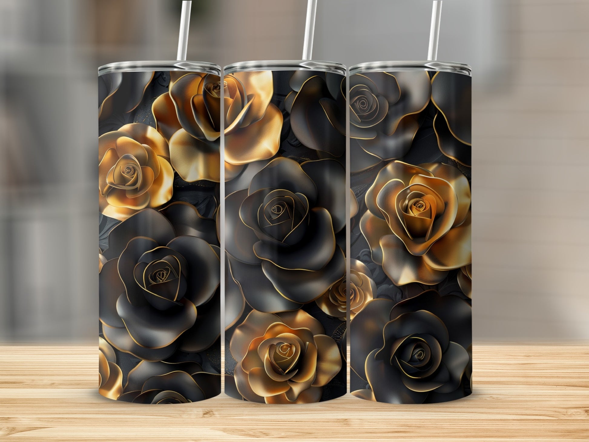 Three tumblers with a dark rose floral pattern in black and gold.