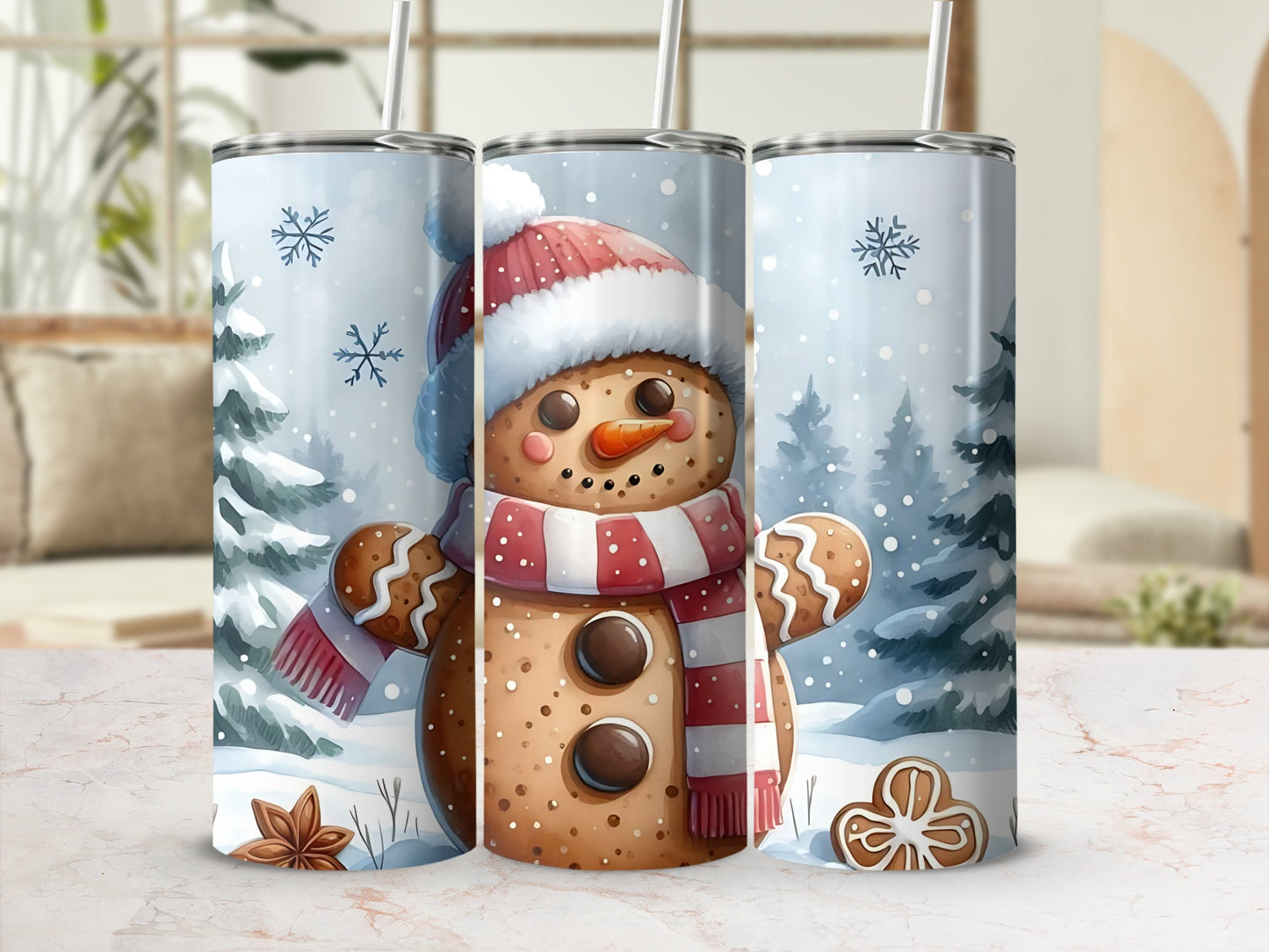 Festive Snowman and Gingerbread Design Tumbler