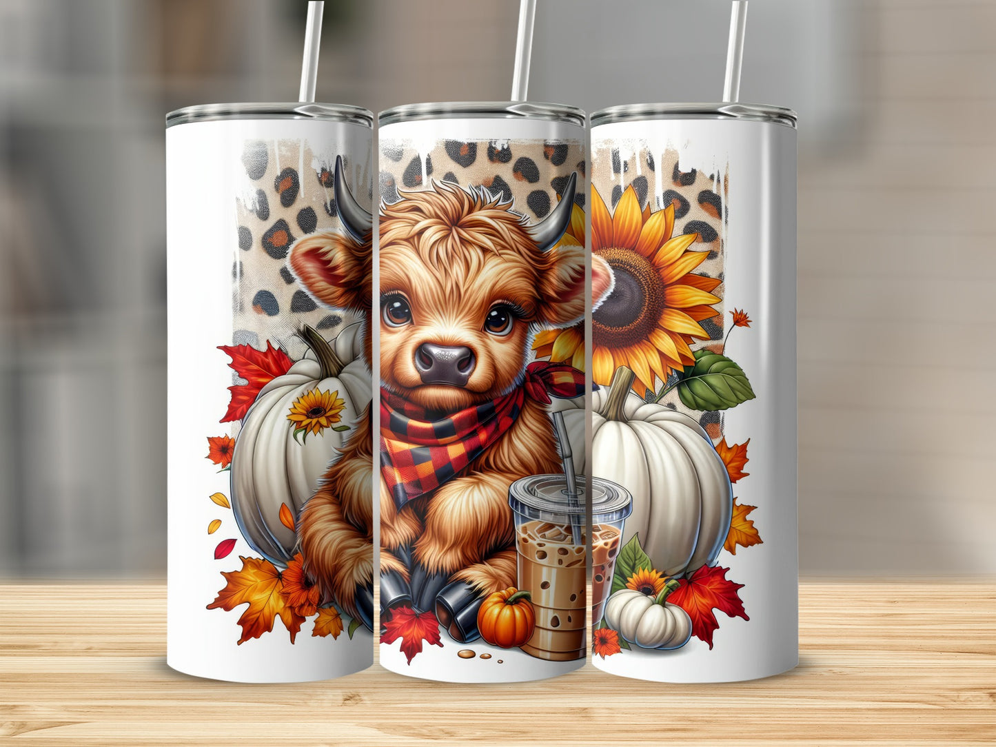 Cute Highland cow with pumpkins and sunflowers on a tumbler.