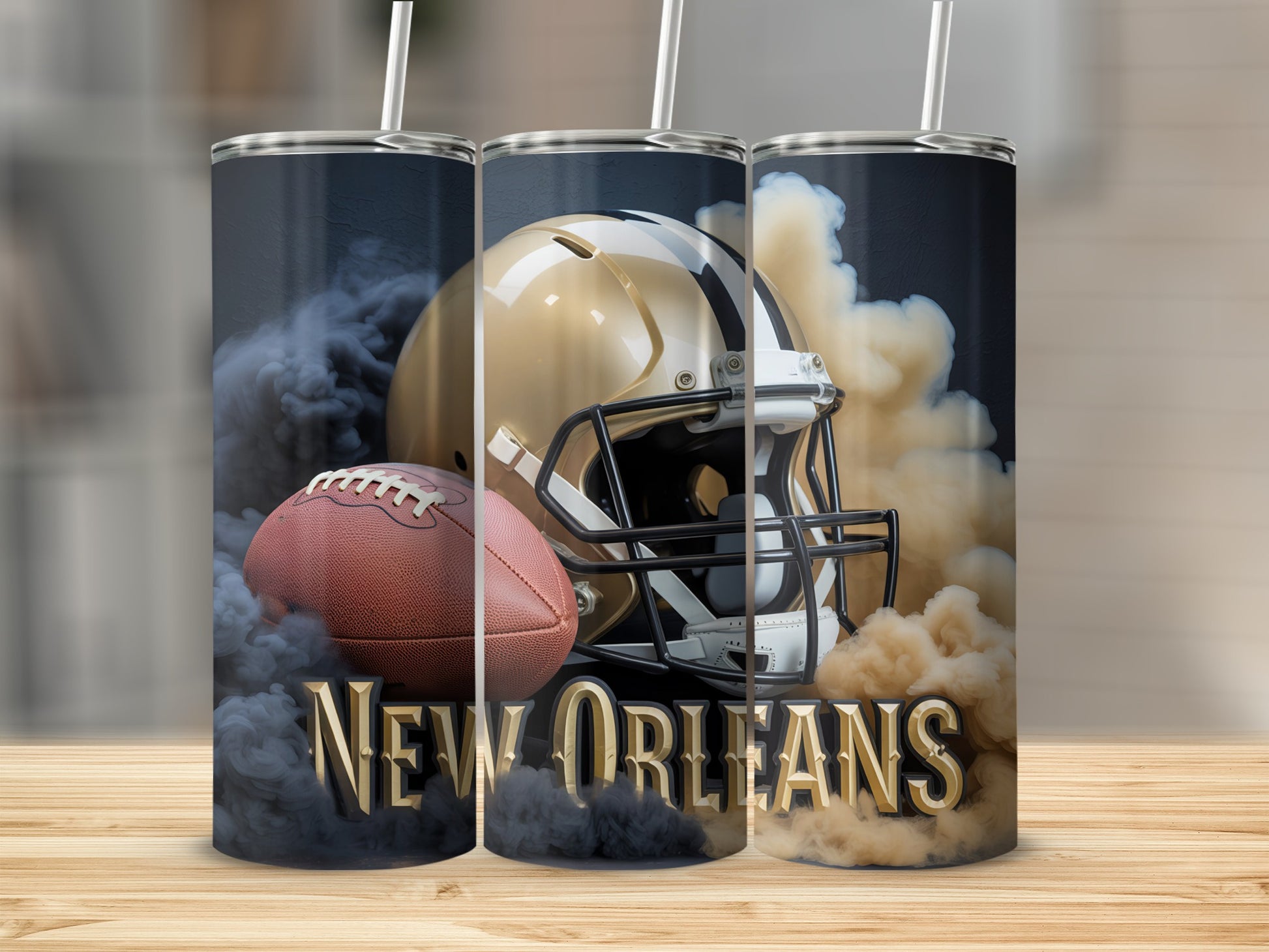 Gold helmet, football, and "New Orleans" text with smoke.