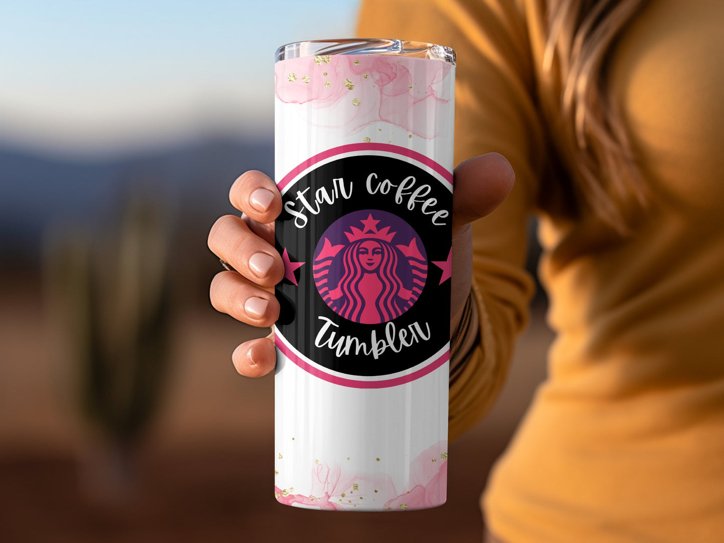Star Coffee Tumbler Pink and White Design