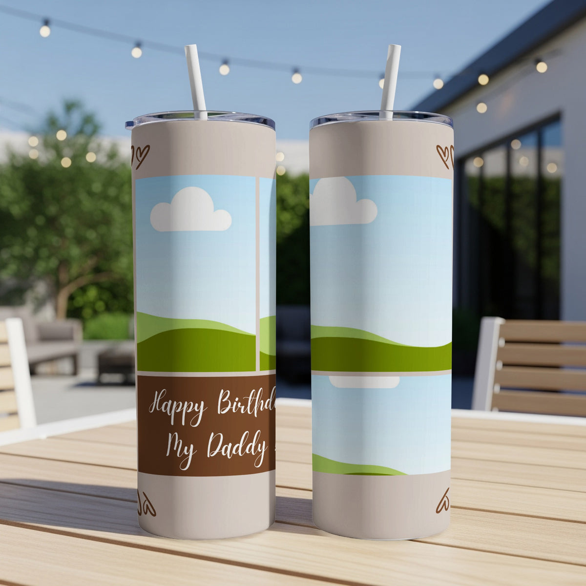 Two tumblers with "Happy Birthday My Daddy" text on a landscape background.