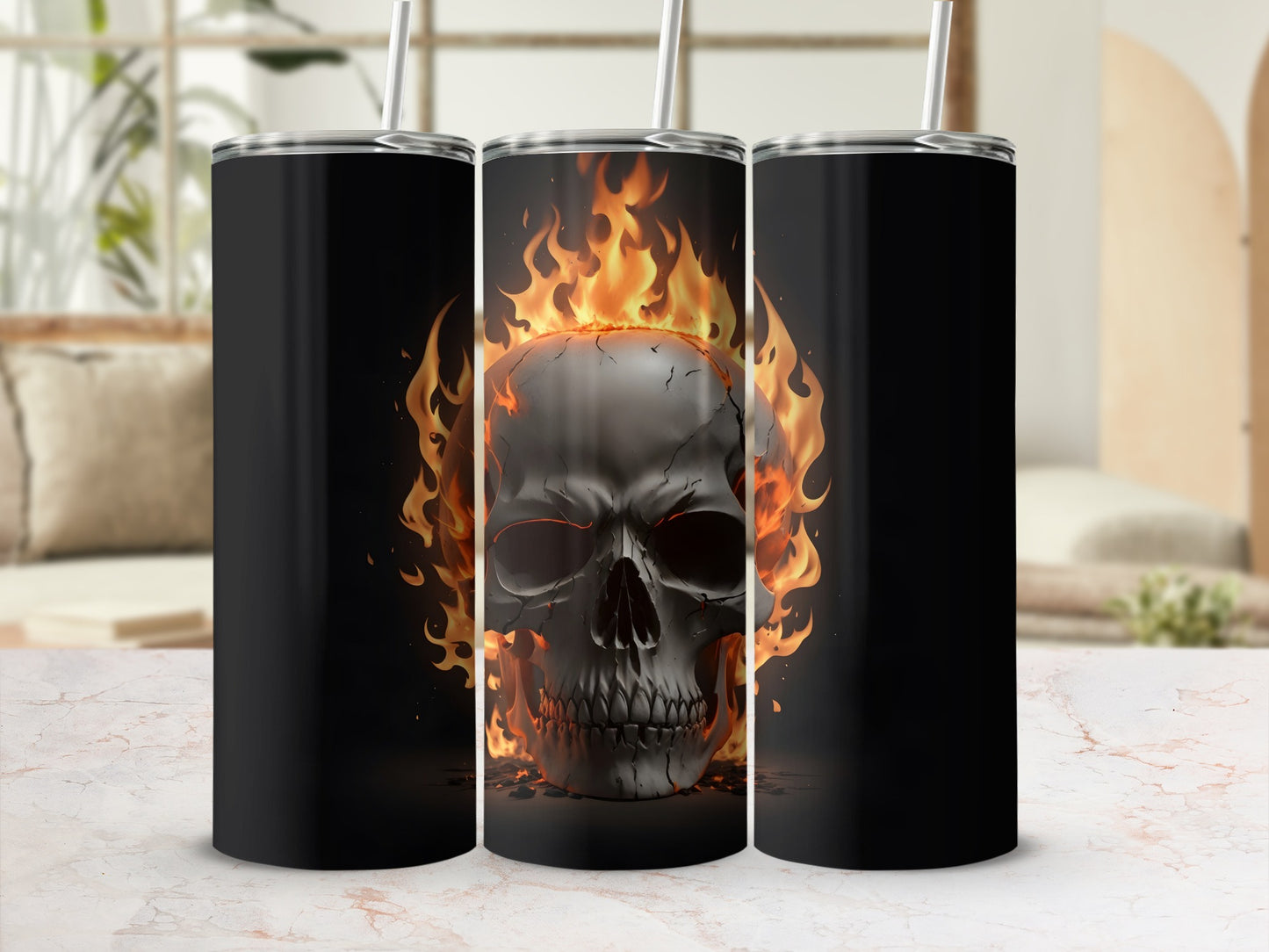 Black tumbler with a flaming skull design.